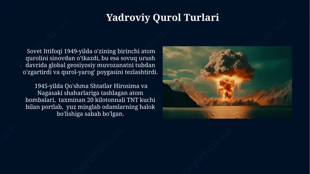 . "yadroviy qish" stsenariysida, 100 dan ortiq yadro qurollarining portlashi natijasida hosil bo'lgan tutun va chang, shimoliy amerikani o'z ichiga olgan keng hududda bir necha yillar davomida qorong'ulikni keltirib chiqarishi taxmin qilinmoqda. xalqaro shartnomalar va kelishuvlar atom qurollari sinovlari to'g'risidagi to'liq yoki qisman taqiqlovchi shartnomalar (ktbt), masalan, 1996-yilda imzolangan shartnoma, atmosferada, kosmosda va suv ostida yadro qurollarini sinashni taqiqlaydi va shu bilan yadro qurollanishini nazorat qilishga harakat qiladi. 1968-yilda imzolangan yadro qurollarini tarqatmaslik to'g'risidagi shartnoma (ytqsh) 190 dan ortiq davlatni o'z ichiga oladi va yadro qurollarini tarqatmaslikka qaratilgan bo'lib, dunyoning ko'pgina mintaqalarida tinchlikni saqlashga yordam beradi. yadroviy qurolsizlanish harakatlari yadroviy qurolsizlanish harakatlari doirasida 1990-yillardan buyon 20 dan ortiq davlat o'zining yadroviy qurol omborlarini sezilarli darajada kamaytirdi, shu jumladan rossiya va aqsh kabi yirik davlatlar ham. 1968 yilda tarqalishga qarshi tretining imzolanishi yadroviy qurolga ega bo'lmagan davlatlar sonini ko'paytirishga yordam berdi, ammo shimoliy koreya va pokiston kabi ba'zi davlatlar bu shartnomani …