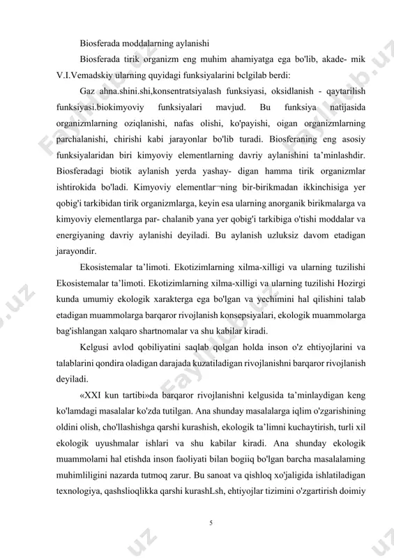 lgusida ta’minlaydigan keng ko'lamdagi masalalar ko'zda tutilgan. ana shunday masalalarga iqlim o'zgarishining oldini olish, cho'llashishga qarshi kurashish, ekologik ta’limni kuchaytirish, turli xil ekologik uyushmalar ishlari va shu kabilar kiradi. ana shunday ekologik muammolami hal etishda inson faoliyati bilan bogiiq bo'lgan barcha masalalaming muhimliligini nazarda tutmoq zarur. bu sanoat va qishloq xo'jaligida ishlatiladigan texnologiya, qashslioqlikka qarshi kurashlsh, ehtiyojlar tizimini o'zgartirish doimiy yashaydigan uyjoylami ko'paytirish, har xil toifadagi aholining rolini ko'paytirish va shu kabilar. birlashgan millatlar tashkiloti tomonidan yana iqlim o'zgarishining oldini olish, o'rmonlami asrash, biologik turli-tumanlikni muhofaza qilish bo'yicha ham konsepsiyalar qabul qilindi. birlashgan millatlar tashkiloti barqaror rivojlanishni e’lon qilib barcha davlatlardan shu konsepsiyalar asosida o'zlarining milliy barqaror rivojlanish konsepsiyalarini qabul qilishini so'ragan va hozirgi kunda ko'pchilik davlatlar, shu jumladan, bizning respublikamizda ham shunday konsepsi yalar qabul qilingan. atmosfera xavosi, tarkibi ahamiyati, va muxofaza qilish yo‘llari havo — atmosferadagi gazlaming aralashmasi bo'lib, balandlikning o'zgarishiga qaiab uning tarkibi ham o'zgarib turadi. havo …