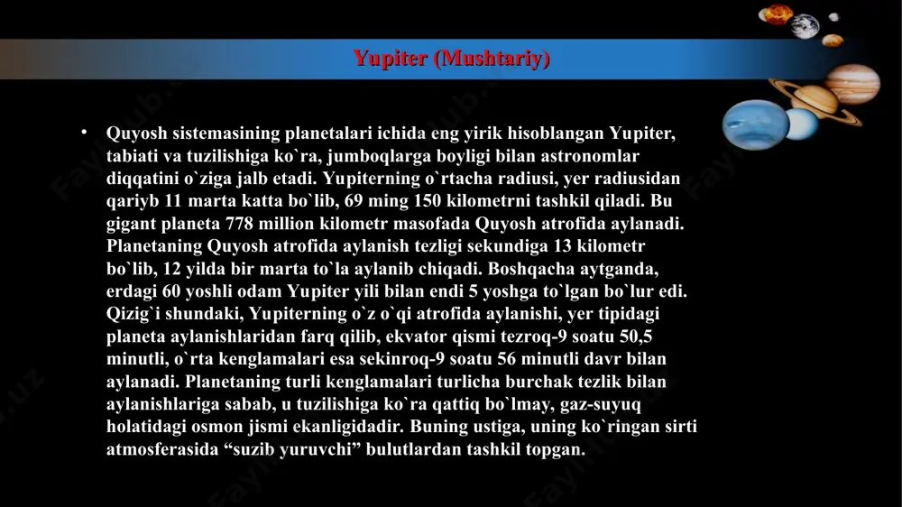 etadi bu tasmalar, oxirgi yillar materiallari asosida, planeta atmosferasining qalin bulutlari deb tushuntiriladi. ular planetaning parallellari bo`ylab yo`nalgan bo`lib, ekvatorga nisbatan simmetrik ko`rinish hosil qiladi. sayyora bulutlarining bunday zanjirli strukturasi ±40 gradusli kenglikkacha borib, ayrim hollarda, diametri 1 ming kilometrgacha boradigan qo`ng`ir yoki ko`kish dog`larni hosil qiladi. mushtariyning qadimiy “tilsim”laridan boshqa biri - 1878 yili topilgan uzunligi 30 ming, eni 13 ming kilometrga cho`zilgan katta qizil dog`dir. qizig`i shundaki, bu dog` planetaning sirt detallari qatori uning sutkalik aylanishida ishtirok qilishi bilan birga goh u yoniga, goh bu yoniga bir necha gradusgacha siljiydi. bunday hol, katta qizil dog` planeta sirti bilan bog`lanmagan degan xulosaga olib keldi. g.goltsin taklif etgan јoyaga ko`ra, katta qizil dog` planeta atmosferasining uzoq davom etadigan gigant uyurmasidir. o`xshashlik printsipi asosida ishlab chiqqan uning bu nazariyasi, keyingi yillarda bir necha faktorlar bilan tasdiqlanishi bilan e`tiborga sazovor gipoteza hisoblanadi. aqshning “pioner x” va “pioner xi” kosmik apparatlari yordamida katta …