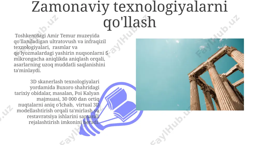 a 300 dan ziyod ishtirokchi, shu jumladan arxeologlar va muzey xodimlari, madaniy merosni muhofaza qilishning ilg'or usullari haqida muhokama qildilar. italiyaning rim shahridagi kolizeyni ta'mirlash loyihasida 50 dan ziyod mutaxassislar va 10 dan ortiq davlatdan kelgan muhandislar ishtirok etdi, bu esa zamonaviy texnologiyalar va qadimiy restavratsiya usullarini birlashtirish bo'yicha noyob tajriba almashinuvini ta'minladi. noqonuniy qazish ishlari va o'g'irliklar xorazm viloyatining qadimiy shaharlarida olib borilgan noqonuniy qazish ishlari natijasida 300 dan ortiq qimmatbaho artefaktlar yo‘qolgan, ulardan ba’zilari miloddan avvalgi davrlarga oiddir. 2000-yillardan buyon samarqand viloyatida noqonuniy qazish ishlari natijasida 50 dan ortiq arxeologik yodgorliklar vayron qilingan, bu esa milliy merosimizga katta zarar yetkazgan. inson omili va uning ta'siri oʻzbekistondagi 1500 dan ortiq madaniy meros obyektlarining 30 foizi inson omili ta'siri tufayli xavf ostida, jumladan, buxoro va samarqanddagi tarixiy binolar. toshkentdagi amir temur maydonidagi yodgorliklarga 10 yil ichida 5 dan ortiq katta hajmdagi shikast yetkazildi, bu asosan beparvolik va noto'g'ri ta'mirlash ishlari …