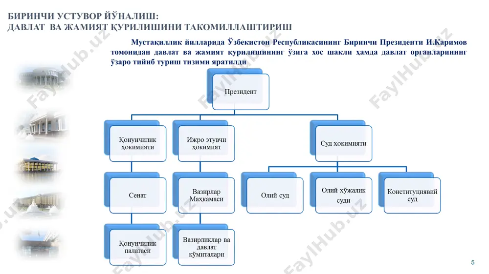 инлаш ва суд-ҳуқуқ тизимини янада ислоҳ қилишнинг устувор йўналишлари 14 2.3. маъмурий, жиноят, фуқаролик ва хўжалик қонунчилигини такомиллаштириш: жиноят ва жиноят-процессуал қонунчилигини такомиллаштириш ва либераллаштириш, алоҳида жиноий қилмишларни декриминаллаштириш, жиноий жазолар ва уларни ижро этиш тартибини инсонпаpваpлаштириш; электрон тартибда суд ва ижро ишини юритишнинг замонавий шакл ва усулларини жорий этиш. одил судловни амалга ошириш самарадорлиги ва сифатини яхшилаш, маъмурий, жиноят, фуқаролик ва хўжалик суд иш юритувининг процессуал асосларини такомиллаштириш; жиноят, фуқаролик ва хўжалик ишларини кўриб чиқиш тартибини такомиллаштириш, бир-бирини такрорлайдиган ваколат ва инстанцияларни қисқартириш; ii. қонун устуворлигини таъминлаш ва суд-ҳуқуқ тизимини янада ислоҳ қилишнинг устувор йўналишлари 15 2.4. жиноятчиликка қарши курашиш ва ҳуқуқбузарликларнинг олдини олиш тизимини такомиллаштириш: жиноятчиликка қарши курашиш ва ҳуқуқбузарликларнинг олдини олиш борасидаги фаолиятни мувофиқлаштиришнинг самарадорлигини ошириш; аҳолининг ҳуқуқий маданияти ва онгини юксалтириш, бу борадаги чора-тадбирларни амалга оширишда давлат тузилмаларининг фуқаролик жамияти институтлари, оммавий ахборот воситалари билан ўзаро самарали ҳамкорлигини ташкил этиш. диний экстремизм ва терроризмга, уюшган жиноятчиликнинг …