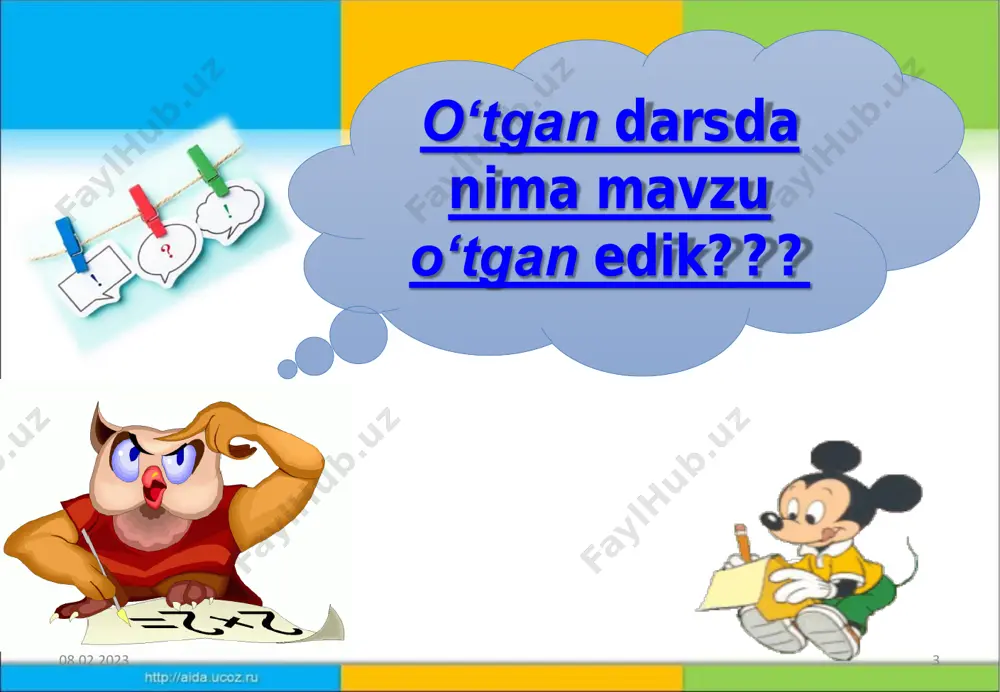 idan, sinfda darsni jonlantiradi. • bu usuldan butun dars davomida foydalanib bo‘lmaydi, chunki o‘quvchi charchab qoladi va yozuv sifati buziladi. ritmik usulni qo‘llashda asosan, harflarning asosiy elementi “bir”, ”ikki”, ”uch” deb beriladi. bu usulni qo‘llashda harf yoki elementlar avval sanoqsiz yoziladi, so‘ngra sanoq ostida yozdiriladi. sanoq-ohang yoki ritmik usuldan bo‘g‘in va so‘z, gaplarni yozdirishda ham foydalaniladi. 08.02.2023 10 harf va ularning elementlarini tahlil qilish usuli. harf va uning elementlarini tahlil qilish turlicha amalgam oshiriladi. harflarni elementlarga ajratib tahlil qilish har bir harfning necha elementdan tuzilganligini, qanday shaklda ekanligini, bu elementlar boshqa harflar bilan bog‘lanishida qanday ko‘rinishga ega bo‘lishini o‘quvchilar tasavvur etadilar. ayrim harflar bir necha elementdan tashkil topgan bo‘lib, ular bir butun shaklda yoziladi, ammo o‘qituvchi uning necha elementdan iboratligini eslatib o‘tadi. m:. kichik d harfining birinchi elementi to‘liq oval, ikkinchi elementi pasti halqali tayoqchadan iborat. bu o‘rinda harfning necha elementdan iborat ekanligi eslatib o‘tiladi, yozishda esa bu harfni qo‘l …