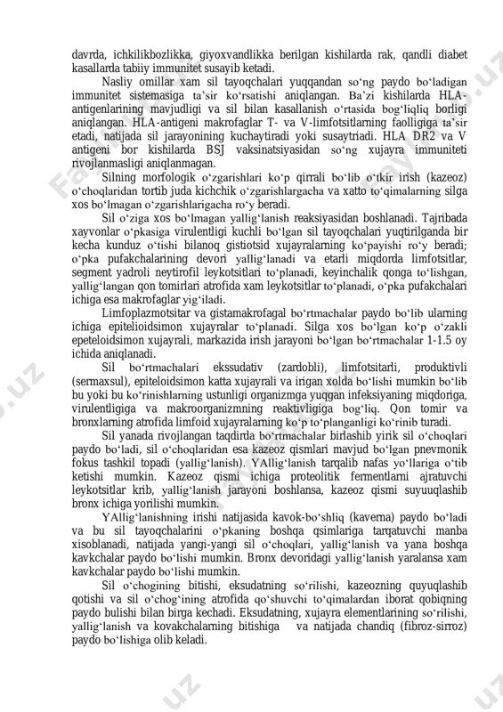 irida antigen ta’sir etuvchi tomonga yo‘naladi va silning ekssudatli bo‘rtmasi xosil qilish uchun sharoit yaratadi. makrofaglar ichidagi sil tayoqchalarining fosfatoidlari ta’sirida makrofaglar epiteliyasini va ko‘p o‘zakli katta pirogov-langxas xujayralariga aylanadi. bu xujayralar yallig‘lanish o‘chog‘ini chegaralab qo‘yadi. sil bo‘rtmalarini paydo bo‘lishini sil infeksiyasiga qarshi immunologik reaksiyaning xosili deb qarash kerak. bsj vaksinasi bilan emlangan organizmda makrofaglar tez xarakatlanib sil tayoqchalari kirgan joyga etib keladi va emlanilmaganlarga qaraganda sil tayoqchalarini ko‘proq xazm qilishga qobilyatliroq bo‘ladi. ikkilamchi silga silning birlamchi davrida paydo bo‘lgan immunitetning mavjudligi xosdir. uning yaqqolligi silning rivojlanishi va kechishi jarayonini belgilaydi. sil infeksiyasi birinchi marta yuqqanda yoki birlamchi sil davolanib bitgandan so‘ng saqlanib qolgan tipik yoki l-shaklidagi sil tayoqchalari organizmdagi immunologik xolatni davom ettiradi. ikkilamchi sil tana a’zolarida joylashib asosan sil tayoqchalari bitib ketgan birlamchi sil o‘choqlaridan tarqaladi (endogen reaktivatsiya) yoki xavo orqali yoki ovqatlar bilan yutush orqali (ekzogen superinfeksiya) yuqadi. ikkilamchi silning immunitetida xam makrofaglar bilan t-limfotsitlar asosiy axamiyatga …