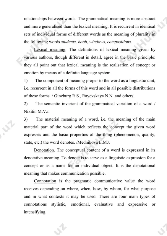 he interdependence of connotations with denotative meaning is also different for different types of connotations. thus, for instance, emotional connotation comes into being on the basis of denotative meaning but in the course of time may substitute it by other types of connotation with general emphasis, evaluation and colloquial stylistic overtone. e.g. terrific which originally meant 'frightening' is now a colloquialism meaning 'very, very good' or 'very great': terrific beauty, terrific pleasure. the orientation toward the subject-matter, characteristic of the denotative meaning, is substituted here by pragmatic orientation toward speaker and listener; it is not so much what is spoken about as the attitude to it that matters. fulfilling the significative and the communicative functions of the word the denotative meaning is present in every word and may be regarded as the central factor in the functioning of language. the expressive function of the language (the speaker's feelings) and the …