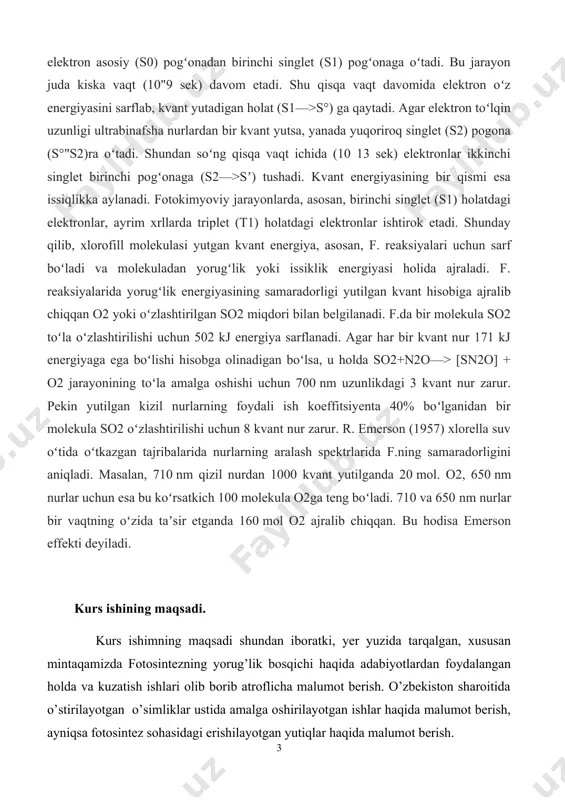 rda triplet (t1) holatdagi elektronlar ishtirok etadi. shunday qilib, xlorofill molekulasi yutgan kvant energiya, asosan, f. reaksiyalari uchun sarf boʻladi va molekuladan yorugʻlik yoki issiklik energiyasi holida ajraladi. f. reaksiyalarida yorugʻlik energiyasining samaradorligi yutilgan kvant hisobiga ajralib chiqqan o2 yoki oʻzlashtirilgan so2 miqdori bilan belgilanadi. f.da bir molekula so2 toʻla oʻzlashtirilishi uchun 502 kj energiya sarflanadi. agar har bir kvant nur 171 kj energiyaga ega boʻlishi hisobga olinadigan boʻlsa, u holda so2+n2o—> [sn2o] + o2 jarayonining toʻla amalga oshishi uchun 700 nm uzunlikdagi 3 kvant nur zarur. pekin yutilgan kizil nurlarning foydali ish koeffitsiyenta 40% boʻlganidan bir molekula so2 oʻzlashtirilishi uchun 8 kvant nur zarur. r. emerson (1957) xlorella suv oʻtida oʻtkazgan tajribalarida nurlarning aralash spektrlarida f.ning samaradorligini aniqladi. masalan, 710 nm qizil nurdan 1000 kvant yutilganda 20 mol. o2, 650 nm nurlar uchun esa bu koʻrsatkich 100 molekula o2ga teng boʻladi. 710 va 650 nm nurlar bir vaqtning oʻzida …