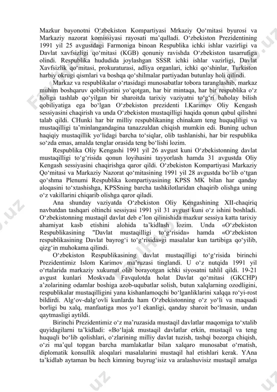 jaat bilan chiqdi. murojaatda o‘zbekistonning o‘z mustaqilligiga erishish yo‘li qat’iy ekanligi yana bir bor alohida uqtirildi. jumladan, unda «o‘zbekiston jumhuriyati, uning rahbariyati qayta qurish davrida ham hech qachon birovning gapiga kirib ish tutgan emas. markazdan, boshqa ba’zi bir jumhuriyatlardan qanday qarorlar chiqmasin, va’dalar berilmasin, har qanday chaqiriqlar, da’vatlar, yo‘l-yo‘riq ko‘rsatishda harakatlar bo‘lmasin biz o‘zimiz tanlagan yo‘limizdan va belgilab olgan maqsadimizdan qaytganimiz yo‘q. bu yo‘l bizning xalqimiz tarixiga, urf-odatlariga, tabiatimiz shart-sharoitlariga, xullas, xalqimiz manfaatlariga mos yo‘ldir» deb qat’iy ta’kidladi. shuningdek, turli ijtimoiy siyosiy guruhlar o‘rtasidagi ixtiloflarni hal etish uchun kuch ishlatish, eng avvalo harbiy kuch ishlatish ochiq-oydin qoralandi. prezident xalqni og‘ir sinovlardan o‘tayotgan bir paytda sabr-toqatli, bardoshli va vazmin bo‘lishga, tinchlikni saqlash maqsadida jipslashishga chaqirdi. 1991 yil 21 avgust kuni o‘zbekiston prezidentining farmoni bilan favqulodda holat davlat qo‘mitasining (gkchp) o‘zbekiston konstitutsiyasi hamda qonunlariga zid keladigan qarorlari va farmonlari noqonuniy deb e’lon qilindi. i.karimov favqulodda holat davlat qo‘mitasi (gkchp) faoliyatiga o‘z munosabatini …