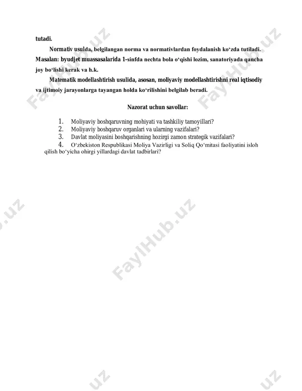 iqlar va soliq vazifasini bajaruvchi majburiy to‘lovlarni sub’ektlardan to‘liqligicha va o‘z vaqtida davlat byudjetiga tushirish; soliq qonunchiligini takomillashtirish bo‘yicha moliyani umumiy boshqaruv organlariga takliflar berish va h.k. davlat soliq qo‘mitasi oldingi daromadlarini boshqarish tuzilmasi o‘rnida vujudga kelgan bo‘lib o‘ziga xos xususiyatlarga ega. davlat soliq qo‘mitasi vertikal tuzilmaga ega bo‘lib, unga viloyatlardagi soliq boshqarmalari bo‘ysunadi, soliq boshqarmalariga esa tumanlardagi mahalliy moliya organlari tarkibiga bevosita kirmaydigan soliq inspeksiyalari bo‘ysunadi. mamlakatda moliyani boshqarishdagi tuzulmaviy o‘zgarishlarni tashkil etish asosiy maqsad emas, balki moliya tizimining jamiyatdagi iqtisodiy va ijtimoiy o‘zgarishlarga ta’sirini oshirish birinchi tomondan bo‘lsa, ikkinchi tomondan tarmoqlar iqtisodini qayta ko‘rib tezda bozor iqtisodiga bosqichma-bosqich o‘tishni ta’minlashdir. moliyani boshqarishni qayta qurishning markaziy bo‘g‘inlaridan bo‘lib mahalliy - xududiy sub’ektlarning erkin moliya siyosatini yurgizishni ta’minlashdir. 2007 yilda mahalliy byudjetlar daromadi davlat daromadining qariyib 60%dan yuqorisini tashkil kilmokda. mazkur ko‘rsatkich moliyani boshqarishdagi ilk ijobiy natijalar nishonasidir. 3. bozor iqtisodiga o‘tish sharoitida moliyaviy rejalashtirishdagi o‘zgarishlar moliyaviy rejalashtirishning ob’ekti bo‘lib …