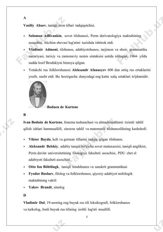 h hammuallifi. l[tahrir | manbasini tahrirlash] · indologiyaning kashshofi gerasim lebedev yevropaga bengal yozuvini tanitdi, hindistonda yevropa uslubidagi birinchi drama teatriga asos soldi. · dmitriy lixachov, qadimgi sharqiy slavyan tili va adabiyoti bo'yicha xx asrning yirik mutaxassisi. · mixail lomonosov, polimate olim va rassom eski cherkov slavyan tilini xalq tili bilan birlashtirib, rus adabiy tilini isloh qilgan grammatikani yozgan. · nikolay lvov, san'atshunos va olim, rus xalq qo'shiqlarining birinchi muhim to'plamini tuzdi, epik qo'shiqlarni nashr etdi.kafarov m[tahrir | manbasini tahrirlash] · sergey malov turkolog, turkiy alifbolarni tasniflagan, qadimiy oʻrxun yozuvini shifrlagan . · nikolas marr tilning kelib chiqishi haqidagi soxta-lingvistik yafet nazariyasini ilgari surdi. · igor melchuk- strukturaviy tilshunos, " ma'no-matn nazariyasi " muallifi. · filolog va tilshunos anatoliy moskvin 2011- yilda uyida 26 nafar mumiyalangan yosh ayolning jasadi topilganidan keyin hibsga olingan edi. · leonid murzin, sovet va rus tilshunosi, perm derivatologiya maktabining rahbari. dinamik tilshunoslik institutiga asos solgan …
