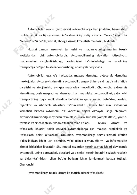 hi; -avtomobillarga texnik xizmat kо‘rsatish, ularni ta’mirlash ; -avtomobillar agregatlari, detallari, kuzovlari, shinalari, akkumulyatorlarini qilish, ish qobiliyatini tiklash; -avtomobillarni buyurtmalar asosida diagnostika qilish; -avtomobillarga kо‘chalarda, yо‘llarda, saqlash joylarida talabga asosan texnik yordam kо‘rsatish; -avtomobillarni qayta jihozlash; -avtomobillarni davlat texnik qaroviga tayyorlash; -yengil avtomobillar va avtobuslar kuzovlariga korroziyaga qarshi ishlov berish; -avariyaga uchragan avtomobillar kuzovlarini tiklash; -avtomobillarni vaqtincha va doimiy saqlashlarni tashkil etish; -avtoservis xizmatining о‘ziga-о‘zi xizmat kо‘rsatish shaklini tashkil etish; -texnik konsultatsiya, axborot berish va h.k. tijoriy xizmat ishlari esa avtomobillar, ehtiyot qismlar, avtomateriallar va avtoanjomlar bilan taminlash, savdo va reklama qilish va umuman, bu sohaning biznes sifatidagi faoliyati tushuniladi, aniqro\i: -avtomobillar, ehtiyot qismlar, avtomateriallar, avtoanjomlar bilan savdo qilish. - avtomobillarni yonil\i-moy materiallari bilan taminlash; - kо‘rsatiladigan xizmat turlarini reklama qilish, mijozlarni axborot bilan taminlash, sohadagi raqobatga moslashish, mijozlarning talablari, fikrlari va didlarini doimo о‘rganib, ish faoliyatida hisobga olib borish va h.k. avtoservis xizmat turlariga, shuningdek, aholi avtomobillarini komission usulda …