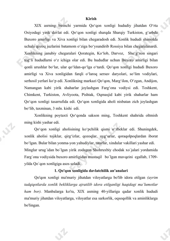 orovulbegi kabilarni kiritish mumkin. kitobdor, risolachi, bakovul, mirzaboshi, sarmunshi, mehtar, shig'ovul, mirob, dorug'aboshi, miroxur kabi mansablar esa о'rta darajali mansablardn. bundan tashqari quyi darajali mansablar mavjud bo'lib, unga salomog'asi, mirzo, munshi, jilovdor va boshqalar kiritilgan. 2. qo'qon xonligi aholisi va ularning ijtimoiy himoyalash qo'qon xonligi ko'p millatli davlat hisoblanib, ma'lumotlarga ko'ra, xix asr 70-yillarida xonlik aholisining umumiy soni 3 milliondan ortiq bo'lgan. xonlik hududida o'zbeklar, tojiklar, qirg'izlar, qoraqalpoqlar, uyg'urlar, yahudiylar, arablar, eronliklar, ruslar, tatarlar, dunganlar va boshqa xalqlar yashagan. son jihatdan aholining ko'pchiligini o'zbeklar tashkil etgan. undan keyingi o'rinda tojiklar turgan. ular, asosan, o'ratepa, xo'jand, konibodom, isfara, qorategin, so'x, rishton, chust, kosonsoy hududlarida yashaganlar. ulaming asosiy xo'jaligi dehqonchilik, hunarmandchilik, savdo va qisman, chorvachilikdan iborat bo'lgan. qozoqlar sirdaryo qirg'oqlari, janubiy qozog'iston past tekisliklarida ko'chmanchilik turmush tarzida yashab, asosan, chorvachilik bilan shug'ullangan. qoraqalpoqlarning bir qismi tarixiy vatanlaridan jung'orlaming hujumi oqibatida sirdaryo bo'ylab yangi yerlarga ko'chishga majbur bo'lganlar. ularning bir qismi sirdaryoning o'rta …