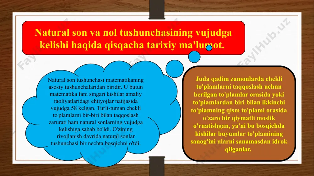 imlik olim a. a. boetsiy qo'lladi. birinchi navbatda natural sonlar o’zi nima? va u bizga nima uchun kerak? undan asosan nimalarda foydalanamiz degan savollarga javob topishimiz kerak bo’ladi. keyin esa o’quvchilar bilan mavzuni tushunishning sodda, hamma uchun tushunarli va qiziqarli tomonlarini qidiramiz. natural sonlar deb, sanash ,ya’ ni sanoqda ishlatiladigon sonlarga aytiladi. natural sonlar to’plami n harfi bilan belgilanadi. natural sonlar cheksiz bo’lib 1,2,3,4,5,6,7,8,9….. tarzida davom etib ketaveradi. boshlang’ich sinflarga sanashda qanday sonlardan foydalanamiz? 6 sonidan keyin qaysi sonni aytamiz deb savol javob qilish, 0 deb nimalarni sanaymiz savol-javob orqali esa 0 sonini natural son emasligini, u bilan sanash mumkin emasligini o’rgatib boramiz. natural songa natural sonni qo’shganimizda natija har doim natural son bo’lishi quyidagi misollar orqali o’quvchilarga tushuntiriladi: 14+5=19; 13+8=21; 15+9=24 bunda misol uchun 12 soni 1-qo’shiluvchi, 5 soni 2-qo’shiluvchi, 19 soni esa yig’indi deyiladi. natural sondan natural son ayrilganda esa natija natural son bo’lishi ham mumkin, natural son …