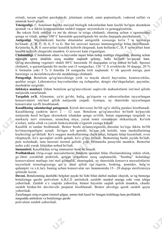 oladi. toksikoinfeksiya : patogenezi tif va paratif kasalliklariga o`xshash. toksikoz va oshqozon-ichak sistemasi kasalliklarining klinik belgilari yuzaga keladi. kasallik 4-5 kun davom etadi. ayrim xollarda bemor bakteriya tashuvchi bo`lib qoladi. kasalxona ichi sal`monellyoz infeksiyasi: kasallik organizmning himoya kuchlari pasayganda yuzaga keladi. qo`zg`atuvchi organizmga og`iz shilliq qavati va nafas yo`li orqali tushib, patologik jarayonni keltirib chiqaradi. bunda oshqozon-ichak funksiyasining buzilishi, organizmning suvsizlanishi, nafas a`zolari funksiyasining buzilishi, bakteremiya, septik asoratlar yuzaga keladi. kasallik vaqtida virusli, stafilakokkli infersiyalar yoki esherixioz qo`shilsa, kasallik yanada og`irlashib, o`limga sabab bo`lishi mumkin. bu kasallik bilan asosan bolalar kasallanadi. immuniteti : qorin tifi, paratif a va b kasalliklari: kuchli immunitet hosil bo`ladi. toksikoinfeksiya : kuchsiz immunitet hosil bo`ladi. kasalxona ichi sal`monellyoz infeksiyasi:kasallikni keltirib chiqargan salmonellalarning serovariga nisbatan immunitet hosil bo`ladi. umumiy profilaktikasi: qorin tifi, paratif a va b kasalliklari: shaxsiy va umumiy gigiyena qoidalariga rioya qilish, aholi orasida sanitariya maorif ishlarini olib borish lozim. toksikoinfeksiya : molar va …