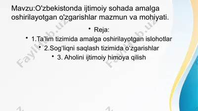o'zbekistonda ijtimoiy sohada amalga oshirilayotgan o'zgarishlar mazmun va mohiyati — PPTX