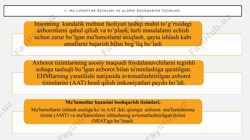 imi (mbbt) bu ko'plab foydalanuvchilar tomonidan ma'lumotlar bazasini yaratish, saqlash va almashish uchun mo'ljallangan til va dasturiy vositalar to'plamidir. ma'lumotlar bazasi foydalanuvchisiga apparat darajasida tafsilotlarga berilmasdan, u bilan ishlash qobiliyatini ta'minlash - ma'lumotlar bazasi boshqarish tizimining asosiy vazifasi. ya'ni, ma'lumotlar bazasiga barcha foydalanuvchilar so'rovlari, ma'lumotlarni qo'shish va yo'q qilish, so’rovlar, ma'lumotlarni yangilash - bularning hammasi mbbt tomonidan ta'minlanadi. mbbt funktsiyalariga quyidagilar kiradi: ma'lumotlar tuzilishini belgilaydigan va ma'lumotlar ta'rifi tilida yozilgan sxemani ma'lumotlar bilan keyingi ishlash uchun tizim tomonidan ishlatiladigan ba'zi ichki ko'rinishga tarjima qilish; ma'lumotlar bazasini yaratish (ma'lumotlar bazasiga ma'lumotlarni yuklash);belgilangan mezonlarga muvofiq saralash va tanlash, shuningdek ma'lumotlar bazasining ba'zi bir qismini ajratib olish uchun foydalanuvchi so'rovlarini amalga oshirish (ushbu mbbtda qabul qilingan maxsus tilda tuzilgan), bu ma'lumotni tahrirlash va qayta ishlash bilan birga bo'lishi mumkin;ma'lumotlar strukturasini o'zgartirmasdan ma'lumotlar bazasining ba'zi qismlarini yangilash; ma'lumotlarni himoya qilishni va ulardan foydalanishning ustuvor yo'nalishlarini ta'minlash. ilovalarni mbbt muhitida ham, mbbt tashqarisida ham yaratish …