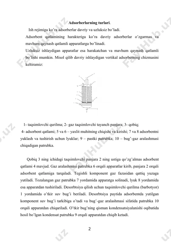lamidan o’tayotgan gaz aralashmasi yoki eritmaning hajmi sarfi; ω0 - gaz aralashmasi yoki eritmaning apparatning bo’sh kesimiga nisbatan olingan fiktiv yoki keltirilgan tezligi. gaz aralashmasi (yoki eritma) ning fiktiv tezligini to’g’ri tanlash muhim ahamiyatga ega. agar adsorbtsiya jarayonining intensivligi tashqi diffuziyaning tezligi orqali belgilansa, ω0 - ning ortishi bilan adsorbtsiya tezligi ko’payadi, biroq bir vaqtning o’zida oqimni adsorbent qatlami orqali o’tkazish uchun zarur bo’lgan energiya sarfi ortadi. shu sababdan har bir aniq sharoit uchun ω0 - ning optimal qiymati topiladi. sanoat miqyosida ning qiymati 0,3 m/s dan ortmaydi. adsorberning balandligini aniqlash adsorbent qatlamining balandligini n ni aniqlash bilan bog’liq. qatlamning balandligi quyidagi tenglama orqali topiladi: н = u( τа + τ0 ) bu yerda u- qatlamdagi bir xil kontsentratsiyali adsorbtsiya fronti (yoki modda o’tkazish zonasi) harakatining tezligi; τа - qatlamning adsorbtsion harakati yoki himoya qilish vaqti; τ0 - qatlamni himoya qilish vaqtining yo’qolishi. modda o’tkazish zonasining o’zgarmas tezligi moddiy balans …