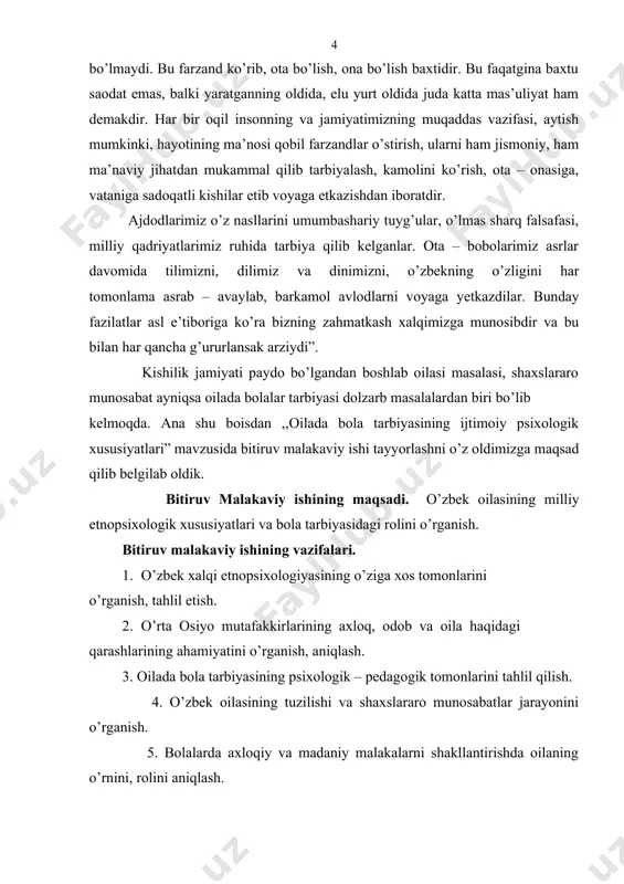 rakterida andishalilik, xushmuomalalik, shirinsuhanlik, mehmon kutishdagi qo’li ochiqlik va sahiylik odatlari mavjud. milliy xarakter muayyan millat fazilatlarining o’ziga xos xususiyatlarining majmuasidan iborat bo’ladi. milliy xarakter o’z ichiga irodaviy sifatlarni ( mustaqillik, chidamlilik, o’z – o’zini tuta bilish, qat’iylik, matonat va shu kabilarni) va axloqiy xislatlarni ( poklik, intizomlilik, samimiylik, haqqoniylik, insonparvarlik, vijdonlilik, or – nomuslilik va boshqalarni) qamrab oladi. shuningdek, milliy xarakter odamlarga bo’lgan munosabatlarni (yaxshilik, mehribonlik, talabchanlik, takabburlik) mehnatga bo’lgan munosabatlarni ( mehnatsevarlik yoki yolqovlik, mas’uliyatlilik yoki mas’uliyatsizlik) narsalarga bo’lgan munosabatlarning ( ozodalik, ifloslik, tejamkorlik, isrofgarchilik, ayash yoki ayamaslik) va odamlarning o’z – o’ziga bo’lgan munosabatlarni ( izzat – nafslilik, shuhratparastlik, mag’rurlik, o’zini katta olish, dimog’dorlik, kamtarinlik) kabi xususiyatlarni ifodalaydi. xalq o’rtasida hukm surib kelayotgan ,, sut bilan kirgan – jon bilan chiqadi” degan naql hamisha ham to’g’ri bo’lavermaydi. chunki hech qanday inson zoti onadan o’g’ri, diyonatsiz, beburd, berahim bo’lib tug’ilmaydi. aksincha, milliy xarakter xislatlari oila, jamoatchilik, maktab muhiti …