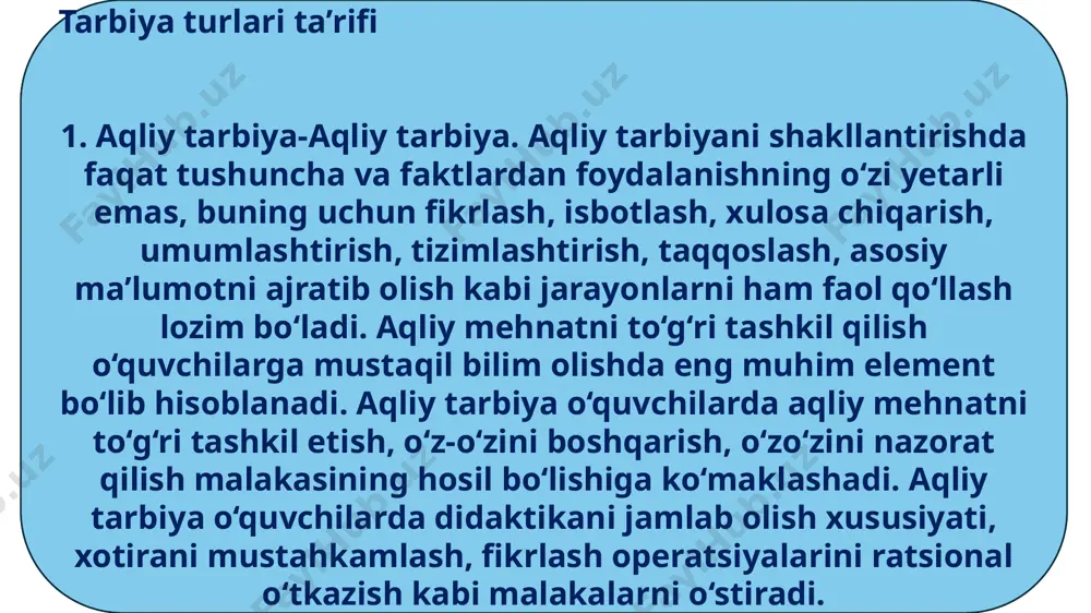 rni hal qilishga qaratilgan: salomatlikni mustahkamlash, inson organizmini chiniqtirish va o‘quvchilarning jismoniy rivojlanishiga yordam berish; harakat ko‘nikmalarini va malakalarini shakllantirish hamda takomillashtirish; o‘g‘il bolalarni armiya safariga tayyorlash; badantarbiya va sportning mohiyati hamda ijtimoiy roli haqidagi ma’lumotlardan xabardor qilish. jismoniy tarbiyaga, ayniqsa, o‘zbekiston respublikasi mustaqillikni qo‘lga kiritgandan buyon davlat darajasida ahamiyat berilmoqda. jismoniy tarbiya va sport ishlariga hukumatimiz tomonidan katta g‘amxo‘rlik qilinmoqda. 5. estetik tarbiya. hayotda tabiat go‘zallikning manbasidir. u estetik tuyg‘ularni, bolalarning kuzatuvchanligini va tasavvurini rivojlantirish uchun juda boy material beradi. bundan tashqari, san’at ham estetik tarbiya vositasi hisoblanadi. san’at orqali estetik tarbiyalash pedagogikada badiiy tarbiya deb ataladi u quyidagi metodlardan foydalangan holda olib boriladi: badiiy asarlarni tahlil qilish va baholash. san’atshunoslik bilimlaridan xabardor qilish, san’atninghar xil turlarini —ifoda vositalari, tarixi va nazariyasini xarakterlovchi muayyan ma’lumotlar jamg‘armasiga ega bo‘lish zarur. badiiy faoliyatining xilma-xil shakllarida mashqlaro‘tkazib, ijodiy qobiliyatlarni, mustaqil tasvirlash ko‘nikmalari va malakalarini rivojlantiradi. nafosat tarbiyasi (estetik tarbiya lotincha „estezio“ —go‘zallikni …