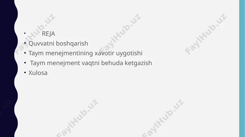 unni rejalashtirishga oddiy misol: ijodkorlik quvvati (yaxshisi 4:00 dan 11:00 gacha) ijtimoiy quvvat (yaxshisi 18:00 dan 23:00 gacha) muloqot uchun quvvat (qo‘ng‘iroqlar, elektron xatlar, xabarlar – yaxshisi 14:00 dan 17:00 gacha) o‘rganish uchun quvvat (yarim kundan tashqari istalgan payt) jismoniy quvvat (sport – yaxshisi 12:00 dan 14:00 gacha 2. taym-menejment xavotir uyg‘otib, bizni baxtsiz qiladi bu tizim odam uchun real bo‘lmagan samaradorlik va mukammallikning o‘ta yuqori standartini ilgari suradi. ko‘pincha o‘zimizni vazifalarni bajarmaganimiz, hordiq chiqarayotganimiz uchun ayblaymiz. qanchalik qattiq ishlamaylik, yana ko‘p ishlar qolib ketadi. xavotir aybdorlik hissini oshiradi. shuning uchun anchagacha uxlamay, ishlar ro‘yxati haqida o‘ylaymiz. dam olish va vaqtimizni do‘stlar davrasida mazza qilib o‘tkazish o‘rniga xavotirga tushamiz. 3. taym-menejment – «vaqtni befoyda ketkazish» qimmatli vaqtimizni rejalashtirish, o‘qish va taym-menejmentga sarflaymiz. harakat qilish o‘rniga kunimizni rejalashtiramiz xolos. shu yo‘l bilan biror narsaga erishdik, deya o‘zimizni aldaymiz. gap shundaki, taym-menejment – vaqtni besamar ketkazish. biz ko‘pincha bajarishni istagan ishlarga ulgurmaymiz. …