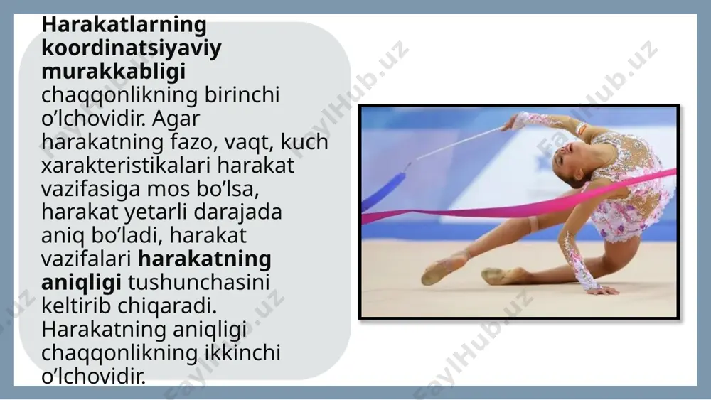 ati tarzida namoyon bo’lishi gavdaning nisbatan kam harakatda bo’lgani holda, qo’llar bilan mohirona harakat qilishda qo’l chaqqonligini namoyon bo’lishi (ajratuvchi, slesarlik, o’ymakorlik, duradgorlik, stanokda ishlash, kosiblik va boshqalarda) ko’zga tashlanadi. har qanday harakat qanchalar yangi bo’lib tuyulmasin, doimo koordinatsiyaviy bog’lanishlar asosida baja-riladi. chaqqonlikni rivojlantirishi usuliyati bilan tanishib chiqsak. birinchidan-chaqqonlikni rivojlantirish koordinatsiya jihatdan murakkab harakatlarni bajarishni, ikkinchidan - harakat faoliyatini to’satdan o’zgargan sharoit talablariga muvofiq ravishda qayta tuza olish qobiliyatini tarbiyalashdan iboratdir. bunda chaqqonlik uchun zarur bo’lgan o’z harakatlarini fazo va vaqtda aniq idrok etish, lozim bo’lsa, stabil harakatlar qila bilish, muvozanat saqlay olish, galma-gal zo’r berish va muskullarni bo’shattirish yoki, aksincha, muskullarni taranglash-tirish qobiliyati va shunga o’xshash boshqa xususiyatlarni tanlab takomillashtirish muhim ahamiyatga ega. demak “chaqqonlik” deganda, harakatlar koordinatsiyalarning umumiy to’plami-yig’indisi tushuniladi. chidamlilik jismoniy sifatlarni tarbiyalash va uning rivojlantiruvchi mashqlar muskul faoliyatida, jismoniy mashqlar bilan shug’ullanish davomida, charchoqka qarshilik ko’rsata olish darajasini chidamlilik sifati deb atash qabul qilingan. jismoniy mehnat, …