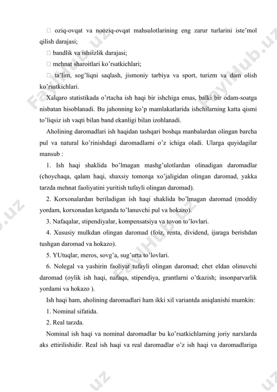 uammoli vazifa hisoblanadi. biroq uni yechish juda katta amaliy ahamiyatga ega. ma’lumki, istalgan mamlakatda yuz minglab va millionlab iste’mol mahsulotlari va xizmat turlari mavjud. shu sababli narxlar indeksini har bir xizmat yoki tovar uchun aniq hisoblab chiqishning iloji yo’q. bundan kelib chiqqan holda tovar-namuna usulidan foydalanish tavsiya etiladi. iste’mol narxlarining jamlanma indeksi guruhlardagi narx indekslari har bir guruhning ishlab chiqarilgan jami mahsulot va xizmatlar qiymatidagi salmog’iga ko’ra solishtirish yo’li bilan aniqlanadi: bmt ning statistika qo’mitasi tomonidan tavsiya etilgan umumiy ko’rsatkichlardan biri daromadlar kontsentratsiyasi koeffitsiyentidir. u ko’proq “djini indeksi” nomi bilan tanilib, taqsimlashning amaldagi chetga og’ishlari darajasini belgilaydi. boshqacha qilib aytganda, agar biror mamlakat aholisining o’rtacha daromadi ma’lum bo’lsa, aholining ma’lum bir guruhi daromadlarini mamlakatdagi o’rtacha daromadga bo’lish yo’li bilan daromadlar kontsentratsiyasi koeffitsiyentining necha foizga oshganligini osongina hisoblash mumkin. aholining jamg’armalari uning daromadlari va joriy xarajatlari orasidagi farqni anglatadi. jamg’armalar pul yoki natural ko’rinishida bo’lishi mumkin. pul jamg’armalari aholi qo’lidagi pul …