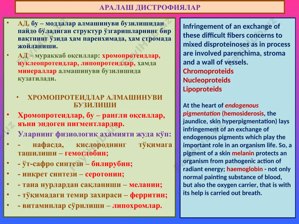 мфа тугунда кўп учрайди. меёрда ферритин – ноактив, оксидланган, ss-ферритин кўринишдадир. кислород етишмаслигида ферритин фаол формага, яъни sh-ферритинга айланади. бу эса вазопаралитик, гипотензив таъсир кўрсатади. sh-ферритин шок ҳолатларида, адреналиннинг антогонисти сифатида кўпаяди хромопротеидлар алмашинуви бузилиши classification endogenous pigments homoglobinogebnous, representing various derivatives of haemoglobin; proteinogenous (or tirozinogenous), connected with an exchange тирозина; lipidogenous (or lipopigments), formed at an exchange of fats. in this connection allocate the pigments formed in a blood channel (hematoporfirin, bilious pigments, a malarial pigment) and the pigments formed out of a blood channel (hemoseredine). шок – жигарда фаол sh-ферритин миқдори кўпайиши гемосидерин бу, гем парчаланганда коллоидли темир гидрооксиди кўринишида пайдо бўлади. моноцитар-макрофагал ҳужайралар ичида жойлашиб, оқсил, гликозамингликанлар ва липидлар билан бирикади. цитоплазмасида гемосидерин бор ҳужайралар – сидеробластлар дейилади. гемосидерин меёрда талоқ, жигар, суяк кўмиги, лимфа тугини ретикуляр ва эндотелий ҳужайраларида учрайди. гемосидерин алмашинуви бузилиши – гемосидероз дейилади. гемосидерознинг умумий ва маҳаллий формалари мавжуд. умумий гемосидероз – …