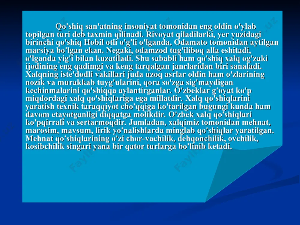 bo’lgan she’riy parchalar katta o’rin tutadi. ularda xalqning urf-odati, yashash tarzi, mashg’uloti, ishonch-e’tiqodlarining ifodasi ochiq ko’rinadi. "devon" da ko’plab lirik qo’shiqlar ham mavjud. ularda insonning qalb kechinmalari, nozik his-tuyqulari ifodasi, tabiat va ona-yurt manzalari tasviri yetakchilik qiladi. lirik qo’shiqlarning bir qismi bevosita kishilarni qurshagan olam haqida. lirik qo’shiqlarning bir qismi ishq-muhabbat mavzusidadir. ularda yorning go’zalligi, latofati madh etiladi. lirik qo’shiqlarda tasvir nihoyatda jonli va ta'sirchan ifoda etilgan. "devonu lug’otit turk" dagi mehnat qo’shiqlari aks ettiradigan mavzular ovchilik, chorvachilik, bog’dorchilik va dehqonchilik hayoti. mehnat jarayoni, ibtidoiy jamoa an'analari, qabila a'zolarining birgalikdagi mehnati. "avesto"ning asosiy qismlari 3, 4, 5 misralik xalq qo’shiqlari yo’lida bitilgan. ular quyidagilardan iborat: hotlar yoki gotlar:ibodat paytida ijro etiladigan matnlar. 72 bobdan iborat bo’lgan bu qismning asosini ibodat paytida ijro etiladigan qo’shiqlar tashkil qiladi. kitobning 17 bobi zardusht madhiyalari, payg’ambarlarning tangri bilan muloqoti bayonidan iborat. yashtlar: mazdoparastlarning yazdonni madh tavsif etadigan, maxsus oxanglar asosida ijro etiladigan qo’shiqlari. yetti …