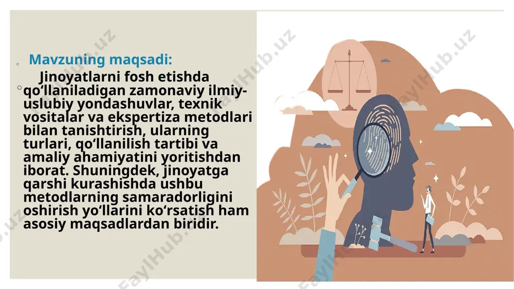 ri haqida global ma’lumotlar politsiya axborot tizimlari (pits) mahalliy darajadagi jinoyatlar va gumondorlar haqidagi ma’lumotlarni boshqarish. 5. tahliliy metodlar va prognozlash a) jinoyatchilikni tahlil qilish modeli statistik va analitik metodlar orqali jinoyat sodir bo‘lish ehtimoli yuqori bo‘lgan hududlarni aniqlash b) predictive policing ai va big data yordamida jinoyat sodir bo‘lishi mumkin bo‘lgan joy va vaqtni oldindan aniqlash jinoyatni aniqlashda qo‘llaniladigan metodlar” mavzusi jinoyatchilikka qarshi kurashish jarayonida ilmiy va amaliy yondashuvlarning muhimligini ko‘rsatadi. hozirgi zamonda jinoyatni fosh etish, gumondorlarni aniqlash va dalillarni to‘plashda zamonaviy metodlar markaziy o‘rin tutmoqda. dnk tahlili, biometrik identifikatsiya, raqamli forensika, videokuzatuv tizimlari, kriminalistik ekspertizalar, gis xaritalash va sun’iy intellekt kabi yondashuvlar jinoyatni aniqlashni yanada samarali, tezkor va ishonchli qilishga xizmat qilmoqda. bu metodlar jinoyat joyida qoldirilgan izlarni chuqur tahlil qilish, shaxsni aniqlash, jinoyatning qanday sodir bo‘lganligini aniqlashtirish va tergovga aniqlik kiritishda katta yordam beradi. ularning barchasi birgalikda jinoyatni aniqlash tizimining takomillashuviga olib keladi, jinoyatchilik darajasini pasaytirish va …