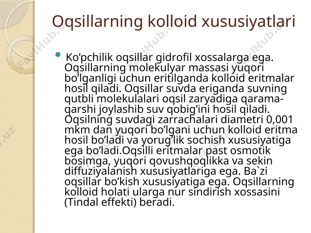 langan (s). ko’pchilik oqsillarning konstanta sedimentasiyasi 1–50 s atrofidadir, ba`zi hollarda u 100 s dan ham ortishi mumkin. 8 svedberg tenglamasiga ko’ra oqsilning molekulyar massasi quyidagi tenglama asosida hisoblanadi: r – gaz doimiyligi, erg/(mol`•grad); t – absolyut temperatura (kel`vin shkalasi bo’yicha); s –sedimentasiya konstantasi; ρ – eritmaning zichligi; v – oqsil molekulasining parsial nisbiy hajmi; d – diffuziya koeffisienti. oqsillarning molekulyar massasini ultrasentrifuga usuli bilan aniqlash ko’p vaqtni, murakkab va qimmatli uskunalarni talab qiladi. shuning uchun hozirgi vaqtda 2 ta oddiy usullar yaratilgan (gel-xromatografiya va elektroforez). oqsil molekulalarining shakli oqsil molekulalarining shakli ultrasentrifugalash, rentgenstruktura analizi asosida yoki elektron mikroskopda aniqlanadi. tekshirishlar shuni ko’rsatdiki, oqsil molekulalari har uch o’lchami bo’yicha assimetrik moddalardir. ayrim oqsillar molekulasi globulyar (sharsimon) shaklida, ko’pchiligi esa fibrillyar (ipsimon) holda bo’ladi. masalan: elastin oqsil molekulasining diametri 70 nm bulib oval shaklda, gemoglobin oqsilini diametri 220 nm bulib ozgina cho’zinchok shaklda, miozin molekulasini diametri 100 nm bo’lib uzunligi ming …