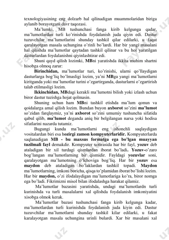bo’lamiz. demak, mbni tashkil qilish axborot almashuv texnologiyasining eng dolzarb hal qilinadigan muammolaridan biriga aylanib borayotgani davr taqozasi. ma’lumki, mb tushunchasi fanga kirib kelgunga qadar, ma’lumotlardan turli ko’rinishda foydalanish juda qiyin edi. dastur tuzuvchilar ma’lumotlarini shunday tashkil qilar edilarki, u faqat qaralayotgan masala uchungina o’rinli bo’lardi. har bir yangi masalani hal qilishda ma’lumotlar qaytadan tashkil qilinar va bu hol yaratilgan dasturlardan foydalanishni qiyinlashtirar edi. shuni qayd qilish lozimki, mbni yaratishda ikkita muhim shartni hisobga olmoq zarur: birinchidan, ma’lumotlar turi, ko’rinishi, ularni qo’llaydigan dasturlarga bog’liq bo’lmasligi lozim, ya’ni mbga yangi ma’lumotlarni kiritganda yoki ma’lumotlar turini o’zgartirganda, dasturlarni o’zgartirish talab etilmasligi lozim. ikkinchidan, mbdagi kerakli ma’lumotni bilish yoki izlash uchun biror dastur tuzishga hojat qolmasin. shuning uchun ham mbni tashkil etishda ma’lum qonun va qoidalarga amal qilish lozim. bundan buyon axborot so’zini ma’lumot so’zidan farqlaymiz, ya’ni axborot so’zini umumiy tushuncha sifatida qabul qilib, ma’lumot deganda aniq bir belgilangan narsa yoki hodisa sifatlarini …