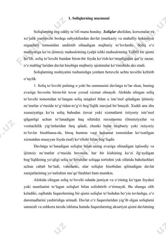 ga, o‘z daromadlarini yashirishga urinadi. davlat o‘z fuqarolaridan yig‘ib olgan soliqlarni samarali va oshkora tarzda ishlatsa hamda fuqarolarning aksariyat qismi davlatning iqtisodiy, ijtimoiy va boshqa dasturlarini o‘z mablag‘lari hisobidan pul bilan ta’minlashga rozi bo‘lgandagina yuksak soliq ahloqi tamoyillari tantana qiladi. 2. soliqlar majburiy to‘lovlar hisoblanadi. soliqlarning to‘la va o‘z vaqtida to‘lanishi uchun javobgarlik soliq to‘lovchilar zimmasiga yuklangan bo‘lsa-da, ular ixtiyoriy emas, majburiy ravishda to‘laydilar, davlat soliq to‘lashdan bo‘yin tovlaganlarni qattiq jazolaydi. 3. davlat foydasiga soliq to‘lash orqali daromadning avvaldan belgilab qo‘yilgan, eng muhimi, qonuniy tartibda ko‘zda tutilgan qismi undirib olinadi. ko‘pgina davlatlarning, jumladan, o‘zbekistonning ham qonunlarida soliqlarni belgilash va ularning hajmlarini aniqlashga faqat oliy qonun chiqaruvchi hokimiyat yoki uning tomonidan vakolat berilgan organlar haqlidirlar, deb mustahkamlab qo‘yilgan. o‘zining xohish-istagiga qarab yangi soliqlar belgilash yoki ularning hajmlarini aniqlashga xech kimning haqqi yo‘q. to‘lovlarning qonuniy, ochiq-oydin xususiyatga ega bo‘lishi soliqlarning bosh tavsifidir. soliqlarning asosiy funksiyasi, fiskal (lotincha fiscus so‘zidan kelib chiqqan bo‘lib, …