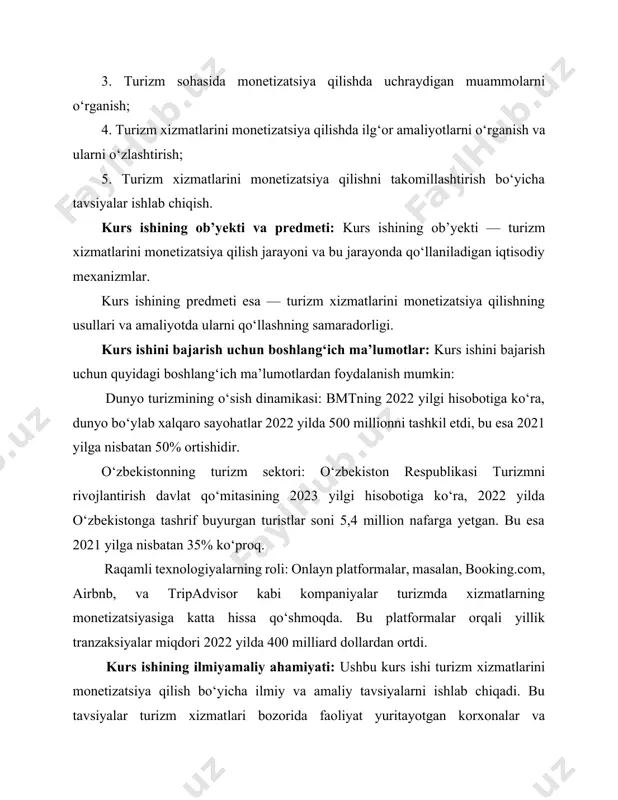 rizm xizmatlarini monetizatsiya qilishning nazariy asoslari 1.1 turizm xizmatlarining iqtisodiyotdagi o‘rni va monetizatsiya qilish tushunchasining mohiyati turizm har bir davlatning iqtisodiy rivojlanishiga katta taʼsir koʻrsatuvchi sohalardan biridir. turizm sohasidagi xizmatlar, turistlar uchun oson va qulay sayohat tashkil etishda muhim ahamiyatga ega. bu xizmatlarni koʻrsatuvchi turistik korxonalar yaʼni sayohat agentliklari, mehmonxonalar, restoranlar, transfer xizmatlarini tashkil etuvchilar va ularga xizmat koʻrsatuvchi boshqa xoʻjalik tashkilotlari tomonidan tashkillashtiriladi. turizm sohasidagi xizmatlar, ijtimoiy-iqtisodiy rivojlanishni taʼminlashda ham muhim ahamiyatga ega. turizm sohasidagi xizmatlar, turizm tashkilotlari va ularning ishlab chiqarish tarmoqlari orqali koʻp miqdorda ish oʻrinlari yaratadi, valyuta tushumlarini taʼminlaydi va bu esa iqtisodiy rivojlanishga yordam beradi.[footnoteref:1] global miqyosda sayohat va turizmning yalpi ichki mahsulotga (yaim) qoʻshgan toʻgʻridan-toʻgʻri hissasi 2022-yilda taxminan 7,7 trillion aqsh dollarini tashkil etdi. bu global yalpi ichki mahsulotning 7,6 foizini tashkil qiladi. oʻzbekiston respublikasi prezidenti shavkat mirziyoyev turizmni yanada rivojlantirish masalalari bagʻishlangan yigʻilishda “turizm — iqtisodiyotning muhim tarmoqlaridan biri. mavjud imkoniyatlardan samarali foydalangan …