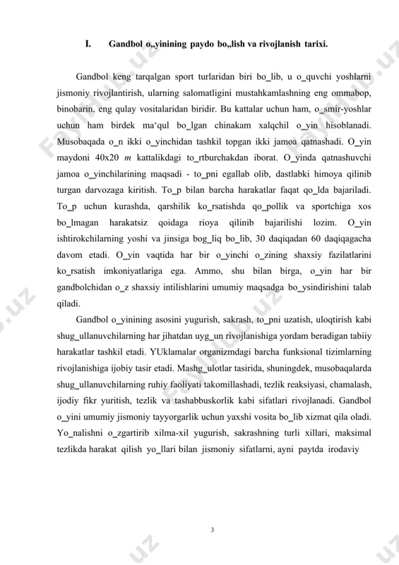 alab qiladi. gandbol o‗yinining asosini yugurish, sakrash, to‗pni uzatish, uloqtirish kabi shug‗ullanuvchilarning har jihatdan uyg‗un rivojlanishiga yordam beradigan tabiiy harakatlar tashkil etadi. yuklamalar organizmdagi barcha funksional tizimlarning rivojlanishiga ijobiy tasir etadi. mashg‗ulotlar tasirida, shuningdek, musobaqalarda shug‗ullanuvchilarning ruhiy faoliyati takomillashadi, tezlik reaksiyasi, chamalash, ijodiy fikr yuritish, tezlik va tashabbuskorlik kabi sifatlari rivojlanadi. gandbol o‗yini umumiy jismoniy tayyorgarlik uchun yaxshi vosita bo‗lib xizmat qila oladi. yo‗nalishni o‗zgartirib xilma-xil yugurish, sakrashning turli xillari, maksimal tezlikda harakat qilish yo‗llari bilan jismoniy sifatlarni, ayni paytda irodaviy hislatlarni, taktik tafakkurini kamol topishi tufayli qo‗l to‗pi har qanday ixtisosdagi talaba uchun zarur bo‗lgan sport o‗yinlari qatoridan joy olgan. gandbol o‗yini bugun maktab, litsey, kollej va oliy o‗quv yurtlarida keng qo‗llanilmoqda. qo‗l to‗pi musobaqalari mehnatkashlarni muntazam tarzda jismoniy tarbiya mashg‗ulotlariga jalb qilishning muhim vositasi, sport mahoratini oshirishning hamda «alpomish va barchinoy» me‘yoriy talablarini bajarishning asosiy omillardan hisoblanadi. 1898 yilda - qo‗l to‗piga asos solingan. daniyaning ordrupe shahridagi gimnaziyalardan …