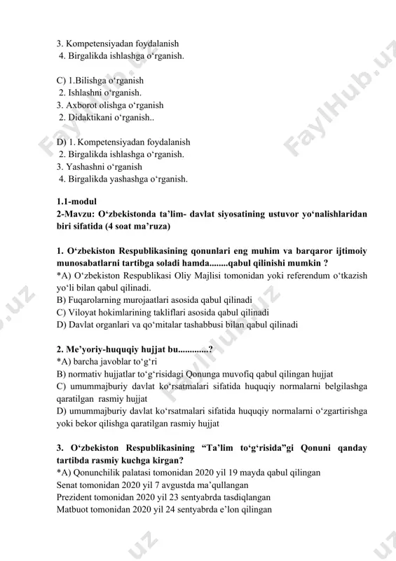 osatining ustuvor yo‘nalishlaridan biri sifatida (4 soat ma’ruza) 1. o‘zbekiston respublikasining qonunlari eng muhim va barqaror ijtimoiy munosabatlarni tartibga soladi hamda........qabul qilinishi mumkin ? *a) o‘zbekiston respublikasi oliy majlisi tomonidan yoki referendum o‘tkazish yo‘li bilan qabul qilinadi. b) fuqarolarning murojaatlari asosida qabul qilinadi c) viloyat hokimlarining takliflari asosida qabul qilinadi d) davlat organlari va qo‘mitalar tashabbusi bilan qabul qilinadi 2. me’yoriy-huquqiy hujjat bu.............? *a) barcha javoblar to‘g‘ri b) normativ hujjatlar to‘g‘risidagi qonunga muvofiq qabul qilingan hujjat c) umummajburiy davlat ko‘rsatmalari sifatida huquqiy normalarni belgilashga qaratilgan rasmiy hujjat d) umummajburiy davlat ko‘rsatmalari sifatida huquqiy normalarni o‘zgartirishga yoki bekor qilishga qaratilgan rasmiy hujjat 3. o‘zbekiston respublikasining “ta’lim to‘g‘risida”gi qonuni qanday tartibda rasmiy kuchga kirgan? *a) qonunchilik palatasi tomonidan 2020 yil 19 mayda qabul qilingan senat tomonidan 2020 yil 7 avgustda ma’qullangan prezident tomonidan 2020 yil 23 sentyabrda tasdiqlangan matbuot tomonidan 2020 yil 24 sentyabrda e’lon qilingan b) senat tomonidan 2020 yil 19 …