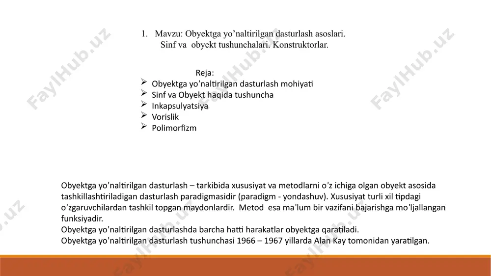 ushuntirish uchun: 1. massivning har bir elementi sinf tipidagi obyektdir. 2. massivni indekslash yordamida alohida ob'ektlarga kirishingiz mumkin. 3. massivlar bir xil turdagi ob'ektlar guruhini boshqarishning qulay usulini ta'minlaydi. sinflar o'rtasidagi munosabatlar: ob'ektga yo'naltirilgan dasturlashda sinflar bir-biri bilan aloqada bo'lishi mumkin. eng keng tarqalgan munosabatlar meros, tarkib va yig'ishdir. meros: bir sinf (hosil sinf) boshqa sinfdan (asosiy sinf) xususiyatlar va xatti-harakatlarni meros qilib olishi mumkin. tarkibi: sinf a'zo o'zgaruvchilari sifatida boshqa sinf ob'ektlarini o'z ichiga olishi mumkin. birlashtirish: sinf boshqa sinf bilan "has-a" munosabatiga ega bo'lishi mumkin, bu erda u ob'ektlarni o'z ichiga oladi, lekin ularga ega emas. // inheritance class animal { // class definition }; class dog : public animal { // class definition }; // composition class engine { // class definition }; class car { private: engine engine; public: // class definition }; // aggregation class department { // class definition }; class university { private: …