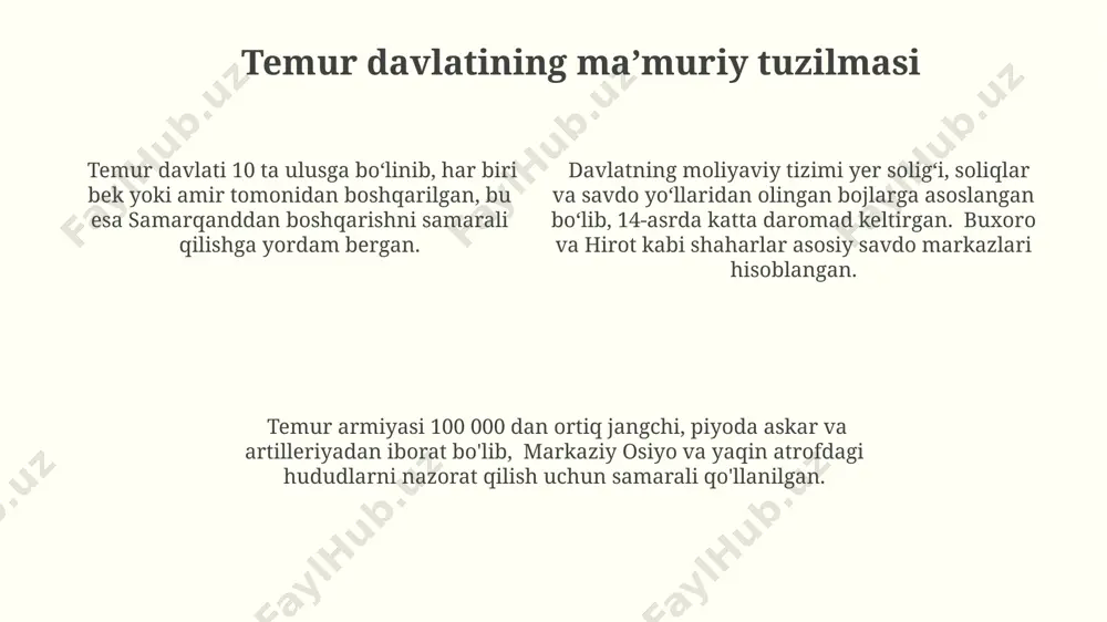 evropa va osiyodagi 30 dan ortiq davlatlarga yuborilib, savdo yo'llarini himoya qilish va iqtisodiy hamkorlikni rivojlantirishga qaratilgan shartnomalar tuzildi. amir temur 14-asrda o'zining diplomatik mahorati orqali oltin o'rda, misr va hindiston kabi kuchli davlatlar bilan murakkab siyosiy ittifoqlar va kelishuvlarni o'rnatdi, mintaqaviy barqarorlikni ta'minladi. adliya tizimi va qonunlar temurning "tuzuklar"ida 100 dan ortiq jinoyat va ularga nisbatan qo'llaniladigan jazolar batafsil bayon etilgan bo'lib, bu imperiya hududida qonun ustuvorligini ta'minlashga xizmat qilgan. temur imperiyasida sud tizimi qat'iy ierarxik tuzilishga ega bo'lib, mahalliy qozilardan tortib oliy sudlargacha bo'lgan 3 bosqichdan iborat edi. har bir bosqich o'z vakolat doirasiga ega edi. amir temur davrida samarqandda 12 ta qadimiy qonun kodeksi qo'llanilgan bo'lib, ularning asosiy maqsadi adolatni ta'minlash va jamiyat tartibini saqlash edi. temur davlatini qurishning dastlabki bosqichlari temur 1369-yilda samarqandni egallab, o'zining mustahkam davlat poydevorini qo'ygan, bu esa keyinchalik katta imperiyaning asosini tashkil etdi. 1370-yillardagi harbiy yurishlari natijasida temur eron, ozarbayjon va kavkazdagi …