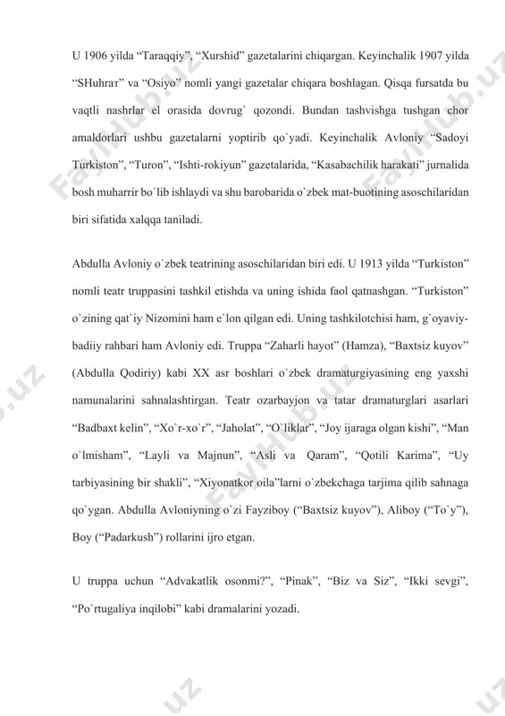 ib chiqqan. bu borada j.sharipov “maktab guliston” kitobidagi tarjimalarini atroflicha tahlil etib, ularning sifatiga ham yuksak baho beradi. “abdulla avloniy asl nusxaning mazmunini, badiiy nafosati, chiroyli obrazlarini to`g`ri talqin qilib, ehtiros bilan tarjima etgan”, – degan. abdulla avloniyning 1913 yilda “turkiy guliston yoxud axloq” asari bosilib chiqdi. u 1917 yilga kelib ikkinchi marta nashr qilindi, asarda insonlarni “yaxshilik-ka chaqirguvchi, yomonlikdan qaytarguvchi bir ilm” – axloq haqida fikr yuritilgan. u insonga xos xulqni ikkiga – yaxshi va yomonga ajrata-di. “yaxshi xulqlar” deb nomlangan birinchi qismida u 31 fa-zilat, “yomon xulqlar” deb atalgan ikkinchi qismda esa 20 il-latga ta`rif beradi. o`z mulohazalarini dalillash uchun qur-`on oyatlari va hadislardan, shuningdek, arastu, suqrot, ibn sino, sa`diy, mirzo bedil singari mashhur mutafak-kirlarning fikrlarini keltiradi. har bir axloqiy katego-riyaga o`z munosabatini bildirgach, o`sha fikrning mazmunini ifodalovchi bayt yo biror maqol-hikmat ilova qiladi. avloniy “axloq ulamosi”ning qarashlari asosida insonlarning xulqlarini yaxshi va yomon xulqlarga ajratadi, bunga ularning …