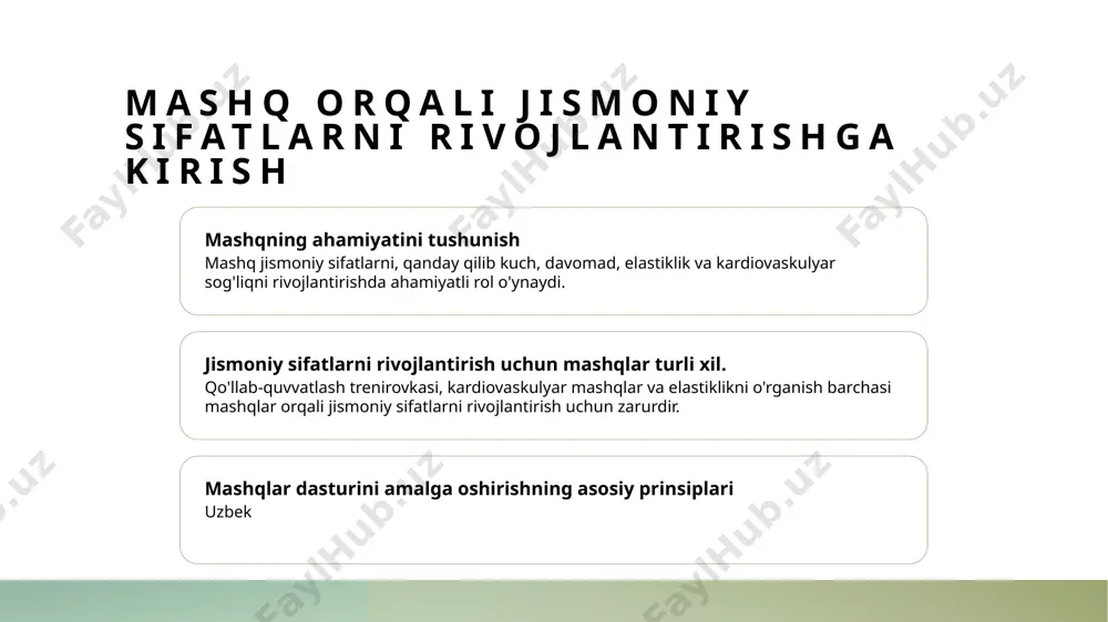 gan qonni ta’minlash uchun yurak va bronxlarining qobiliyatini ifodalaydi. yaxshilangan kardiovaskulyar tahanalik qalb kasalliklarining kambag'al riskini kamaytirishi, energiya darajasini oshirishi va umumiy jismoniy salomatlikni yaxshilashiga olib kelishi mumkin. davrning o'sishi, velosipedda sayohat qilish, suzish va yuqori intensiv interval trenirovkalar (hiit) kardiovaskulyar tizimni kuchaytirishga yordam berishi mumkin. kuchli o'qitish foydali kuchlantirish trenirovkasining afzalliklari kuchli muzlatish, kasallik sirti, va metabolizmni oshirishga yordam beradi, natijada kuchli va sog'lom jismoniy holatga olib keladi. jismoniy kuchlarni rivojlantirish turlari mavjud bo'lgan kuchli o'qitish turlari, jismoniy og'irligi, qisqa masofali mashqlar va teshiklar orqali, har biri turli kasallar guruhlariga yo'naltirilgan. to'g'ri shaklda ishlov berishning ahamiyati to'g'ri shakl, kuchga yo'naltirishda zararlanishni oldini olish va samaradorlikni maksimal darajada oshirish uchun juda muhimdir, shuning uchun malakali trenerdan to'g'ri texnikalarni o'rganish zarur. muxoliflik va harakatlanish jismoniy rivojlantirishda elastiklikning ahamiyati suzish, zaxiralarni kengaytirishga imkon beradi, bu jarayonni ta'sir etkazadigan zararlarini oldini olish va umumiy jismoniy ko'rsatkichlarni oshirish uchun juda muhimdir. har kuni hayotda …