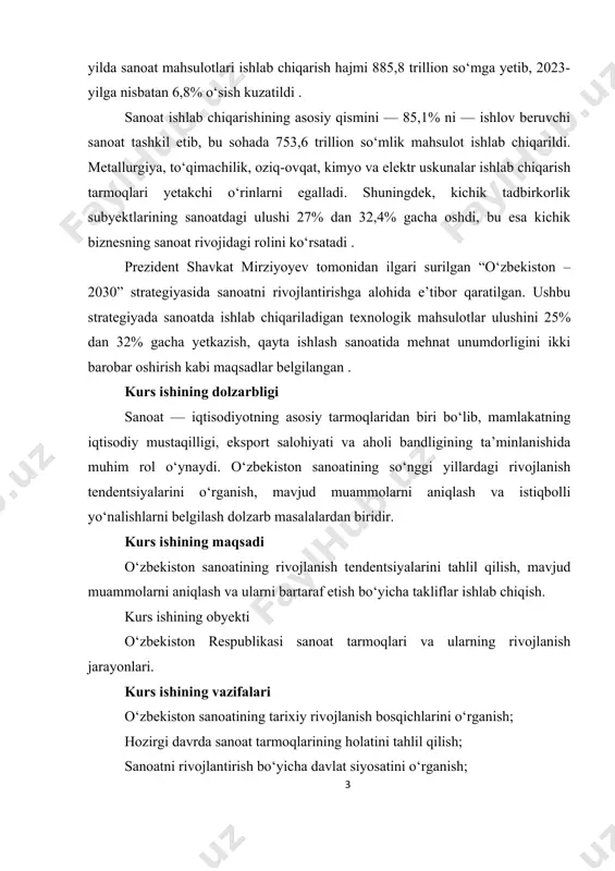 otining negizi bo‘lib, uning har qanday bosqichidagi texnologik, iqtisodiy va ijtimoiy jarayonlarda muhim rol o‘ynaydi. bugungi kunda sanoat sohasi zamonaviy davlatlarning iqtisodiy qudratini belgilovchi omil sifatida qaralmoqda. ayniqsa, sanoat tarmog‘i orqali milliy mahsulot ishlab chiqarish hajmi oshiriladi, xom ashyo resurslari qayta ishlanadi, yuqori qo‘shilgan qiymatga ega mahsulotlar yaratiladi va shu asosda ichki hamda tashqi bozorlarda mamlakat raqobatbardoshligi ta’minlanadi. sanoatning mohiyatini tushunish uchun uni iqtisodiy tizimdagi o‘rni bilan uyg‘un holda ko‘rib chiqish lozim. sanoat faoliyati insoniyat ehtiyojlarini qondirishga qaratilgan moddiy ne’matlarni ishlab chiqarishdan iborat bo‘lib, bu soha texnika va texnologiyalar, ixtisoslashgan mehnat, zamonaviy ishlab chiqarish vositalarining jadal qo‘llanilishi bilan ajralib turadi. qishloq xo‘jaligidan farqli ravishda, sanoat ishlab chiqarish jarayonida tabiiy resurslar chuqur qayta ishlanadi, mahsulotlar butunlay yangi shaklga ega bo‘ladi va ko‘p bosqichli texnologik jarayonlardan o‘tadi. bu esa uni yuqori samaradorlikka ega sohalardan biriga aylantiradi. sanoat iqtisodiyotning ko‘plab boshqa tarmoqlari bilan uzviy bog‘langan bo‘lib, uning rivojlanishi infratuzilma, transport-logistika, moliya, fan-ta’lim va …