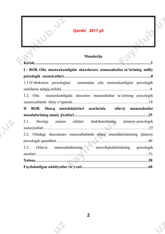 folatlanib, uning ma’naviy asoslari mustahkam bo‘ladi. alohida ta’kidlash joizki, er-xotin, qaynona-qaynota, kelin-kuyov munosabatlarida, fikrlar va qarashlardagi paydo bo‘ladigan ayrim kelishmovchiliklar, qarama-qarshiliklar, ziddiyatlarni uni tashkil etuvchi shaxslar o‘zaro kelishib, muammoni konstruktiv tarzda yechishga qodir bo‘lsalar, oiladagi ijtimoiy-psixologik hamda ma’naviy muhit yosh avlod ongida insoniy munosabatlar to‘g‘risida teran va ijobiy tasavvurlar shakllanishiga imkon beradi. shu bois ham mamlakatimizda oila va uning tarbiyaviy imkoniyatlari qadriyat sifatida yuksaklarga ko‘tariladi. respublikamizning birinchi prezident i.a. karimov, oilada hukmron bo‘lishi lozim bo‘lgan ma’naviy muhit va noyob udumlarimizning xosiyatlari haqida fikr bildirib: “ u bunda o‘zaro hurmat va qattiq tartib bo‘lmasa, oilaning barcha a’zolari o‘z burchlarini ado etmasa, bir-birlariga nisbatan ezgulik bilan mehr oqibat ko‘rsatmasa, yaxshi va munosib tarzda yashash mumkin emas... o‘zbeklarning aksariyati qizining shaxsiy farovonligi to‘g‘risida emas, balki oilasining qarindosh-urug‘lari va yaqin odamlarning, qo‘shnilarining omon-esonligi to‘g‘risida g‘amxo‘rlik qilishni birinchi o‘ringa qo‘yadi. bu esa eng oliy darajada ma’naviy qadriyat, inson qalbining gavharidir” deb ta’kidlaganlar. shuni alohida ta’kidlash …