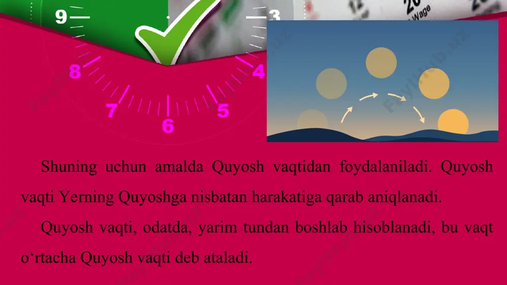 ko‘chgan, ya’ni hijr qilgan vaqtdan (milodiy 622- yildan) boshlangan. shu sababli hijriy deyiladi. this presentation uses a free template provided by fppt.com www.free-power-point-templates.com xalqi musulmon diniga e’tiqod qiluvchi mamlakatlarda diniy marosimlar hijriy-qamariy (oy) taqvimi asosida olib boriladi. bu taqvim oyning yillik ko‘rinma harakatiga asoslangan bo‘lib, bir yil 354 kunga teng. hijriy-qamariy taqvimida quyidagi oylar bor: muharram — 30 kun, safar — 29 kun, rabbiulavval – 30 kun, rabbiulsoniy — 29 kun, jumodilavval — 30 kun, jumodiloxir — 29 kun, rajab — 30 kun, sha’bon — 29 kun, ramazon — 30 kun, shavvol — 29 kun, zulqa’da — 30 kun, zulhijja — 29 kun. kabisa yilida zulhijja 30 kun hisoblanadi. bu yil hisobi ham milodiy 622- yildan boshlangan.