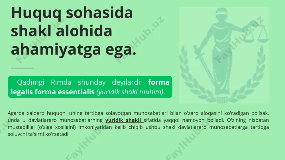lik hujjatlari bo‘lib, ular o‘zbekiston respublikasining qonunchiligini tashkil etadi. o‘zbekiston respublikasining konstitutsiyasi va qonunlari, o‘zbekiston respublikasi oliy majlisi palatalarining qarorlari qonun hujjatlaridir. oldingi tahrirga qarang. o‘zbekiston respublikasi prezidentining farmonlari va qarorlari, o‘zbekiston respublikasi vazirlar mahkamasining qarorlari, vazirliklar va idoralarning buyruqlari hamda qarorlari, mahalliy davlat hokimiyati organlarining qarorlari qonunosti hujjatlaridir. qonun normalari va xalqaro huquqiy normalar uchta elementga bo'linadi – gipoteza, dispozitsiya va sanktsiya. xalqaro huquqiy normalar ichki normalardan farq qiladi. ularning asosiy xususiyatlari: * tartibga solish predmeti davlatlararo va boshqa xalqaro munosabatlardir. * xalqaro huquqiy normalar davlatlarning pozitsiyalari va manfaatlarini muvofiqlashtirish natijasida yaratiladi. bunday kelishuvga erishish ko'pincha murosa, davlatlarning muayyan masalalar bo'yicha bir-biriga mutanosib imtiyozlar belgilash bilan bog'liq. * xalqaro huquq normalarini birlashtirish shakli hokimiyat qoidalari (qonun) emas, balki xulq-atvor qoidalari mazmunining kelishilgan xususiyatiga mos keladigan manbalar (shartnoma, odat, xalqaro konferentsiyalar va xalqaro tashkilotlar aktlari). * xalqaro huquq normalari davlatlarning o'zlari tomonidan (yakka tartibda yoki birgalikda) tuziladi va ular davlatlarning …