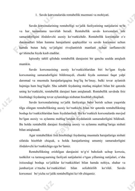 ahar va jumhuriyat o‘rtacha ko‘rsatkichlari bilan solishtirilib ko‘rildi. savdo korxonasi bo‘yicha xo‘jalik rentabelligini ko‘rib chiqamiz. 2. rentabellik darajasini tahlili. 2-jadval. rentabellik darajasining bajarilishini tahlil qilish ko‘rsatkichlar utgan yili hiso? reja )ot yili haqi-qatda farqi илғор корхона шаҳар бўйича ўртачаси 1 . foyda, ming so‘m 4400 4415 4227 -188 5720 5334 2. tovar aylanishi, ming so‘m 126653 132400 121824 -10576 155260 167700 3. muomala harajatlari, ming so‘m 3980 3975 3993 + 18 3550 3720 4. asosiy va aylanma mablag‘-larning o‘rtacha qoldigi, ming so‘m 41200 41316 42897 1581 41480 45400 5. tovar aylanishga nisbatan hisoblangan rentabellik darajasi, % 3,474 3,334 3,469 +0,135 3,684 3,180 6. asosiy va aylanma mablag-larga nisbatan hisoblapgan rentabellik darajasi, % 10,67 10,68 9,85 -0,83 13,78 11,74 jadvaldan ko‘rinib turibdiki, o‘tgan yilda tovar aylanishiga nis- 4400 x 100 batan hisoblangan rentabellik darajasi 3,474% (4415 x 100/131800) ni, hisobot yilida reja bo‘yicha 3,334% (4415 x 100/100)ni, haqiqatda esa 3,469% (4415x100/100) …