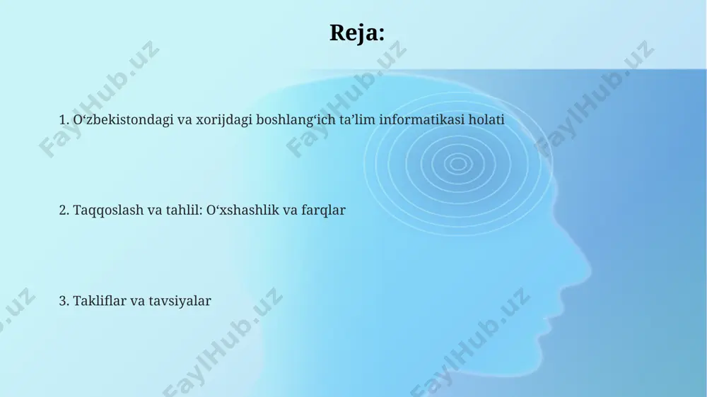 igini koʻrsatadi. bolalar onlayn xavfsizlikka oid 8 ta asosiy tahdidga duch kelish ehtimoli yuqori boʻlib, bu oʻzbekistondagi va xorijdagi taʼlim dasturlarining farqini aks ettiradi. pedagogik yondashuvlar oʻzbekistondagi boshlangʻich sinf informatikasi darslarida 70% amaliy mashgʻulotlarga, 30% esa nazariy bilimlarga ajratish samarali pedagogik yondashuv sifatida koʻrib chiqilmoqda. xorij mamlakatlarida, masalan, finlyandiyada, oʻyinlashtirilgan ta'lim (game-based learning) usuli orqali 85% ga yaqin oʻquvchilarning informatika faniga boʻlgan qiziqishini oshirishga erishilgan. ijtimoiy-konstruktivist pedagogik yondashuv boshlangʻich sinflarda guruhlarda ishlash, hamkorlikda loyihalar yaratish orqali oʻquvchilarning muammolarni hal qilish koʻnikmalarini 2 barobar oshiradi. taklif va tavsiyalar oʻquv rejasiga blokli dasturlash, algoritmlashtirish va ma’lumotlar bazalari asoslari kabi yangi mavzulardan iborat 5 ta qoʻshimcha modulni kiritishni taklif etamiz. boshlangʻich sinf informatikasi fanini oʻqitishda amaliy mashgʻulotlar sonini 30% ga oshirish va zamonaviy dasturiy ta’minotlardan foydalanishni taklif qilamiz. oʻqituvchilarning malakasini oshirish uchun yiliga kamida 2 ta ilgʻor treninglarni tashkil etish va 500 dan ortiq oʻqituvchini qamrab olishni tavsiya qilamiz. oʻquv dasturlari va oʻquv …