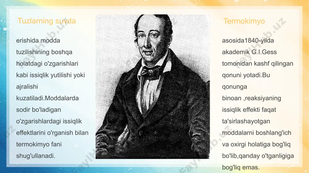 idagi 9-10 g mis kuporosi chinni tigelda suvsiz oq kukun hosil bo'lguncha aralashtirib turgan holda qizdiriladi.olingan oq kukun darhol probirkaga solinadi va rezina tiqin bilan mahkamlanadi.sovutilgandan so'ng m massali suvsiz tuz tortib olinadi va 300 gramm suvda uning erishidagi temperatura o'zgarishi aniqlanadi. e'tiboringiz uchun raxmat! image1.jpeg image2.png image3.png image4.png image5.jpeg image6.jpeg image7.jpeg image8.jpeg image9.jpeg image10.jpeg image11.jpeg image12.jpeg
