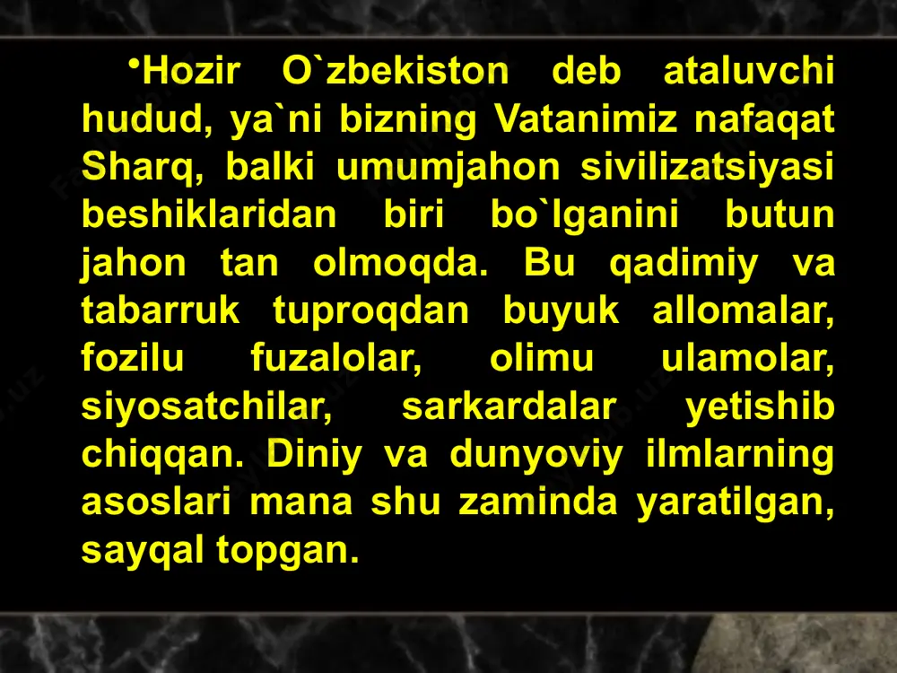 asi bo‘lgan xulosalargina bizga to‘g‘ri yo‘l ko‘rsatishi mumkin edi. ikkinchi masala qilib davlat siyosatining ustuvor sohasi sifatida komil inson tarbiyasi ilgari surildi. sababi, hamma sohada o‘z shaxsiy fikriga ega bo‘lgan va uni dadil bayon qila oladigan yetuk shaxsgina yurtning mavqeyini ko‘tarib tura oladi. yurtboshimiz uchinchi masala sifatida ma’rifatni ta’kidlaydilar. bu fikrlarining isboti o‘laroq, xx asr boshidagi ma’rifatchilik harakati nima uchun avj olgani, faqat ma’rifatli millatgina nurli kelajak qura olishini aytib o‘tadilar. ma’rifat so‘zining asosida “urfon”, ya’ni “ilm” yotadi. demak, ilmlilik insonning darajasini o‘stirishi mumkin. islom abdug‘aniyevich: “jamiyat taraqqiyotining asosi, uni muqarrar halokatdan qutqarib qoladigan yagona kuch- ma’rifatdir”, deb bejizga aytmaganlar. to‘rtinchi masala esa ma’naviyat, ma’rifatni targ‘ib qilishdir. har bir ziyolining vijdon ishi hisoblangan bu targ‘ibot zaminida fidoyilik yotsa, targ‘ibotchi bu ishni o‘zining hayot- mamoti deb bilsagina, katta muvaffaqiyatlarga erishishimiz mumkin. prezidentimiz “tarixiy xotirasiz kelajak yo‘q” asarlarida “inson uchun tarixdan judo bo‘lish- hayotdan judo bo‘lish demakdir”, deydilar. chindan ham, mustabid tuzum …