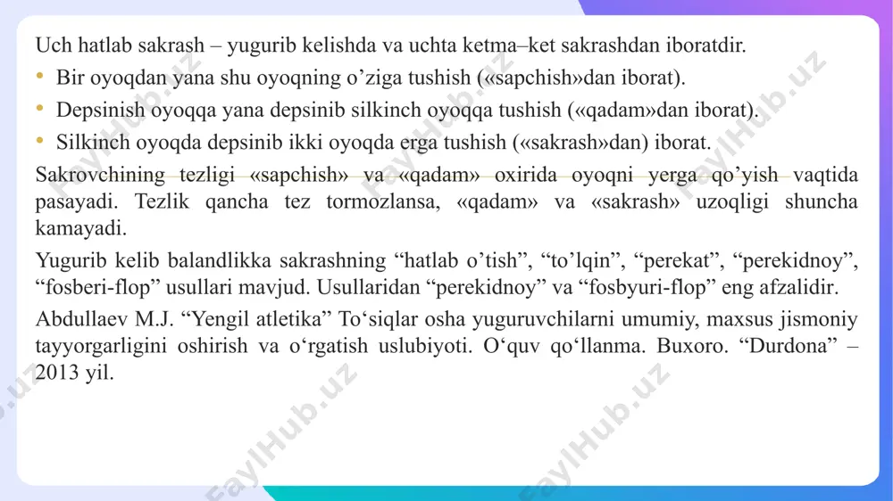 qadam tezlanishdan keyin yerdan depsinib sakrash. 2. 2-6 qadam tezlanishdan keyin depsinish joyi (yog’och) yoki ma’lum chegaradan depsinib sakrash. 3-vazifa. sakrashda depsinish va uchishda qadam qilish texnikasiga o’rgatish. vositalari: 1. d.h. – depsinayotgan oyoq oldinda, siltanadigani orqada. depsinishni oxirida tosni oldinga chiqarib, siltanadigan oyoq tizzasini ko’tarish harakatini taqlid qilish. 2. d.h. – siltanadigan oyoq oldinda, depsinadigani orqada. oyoqni erga qo’yish uchun eshkaksimon harakat qilib, depsinadigan oyoq va tosni oldinga chiqarib, siltanadigan oyoq tizzasini ko’tarish. 3. d.h. – siltanadigan oyoq oldinda. yuqoridagini o’zi, lekin ikki qadam yurish bilan. 4. d.h. – yuqoridagidek depsinish, ikkinchi, to’rtinchi qadamlarda bo’lib, erga siltanadigan oyoqda tushib yugurib ketish. 5. d.h – yuqoridagidek, 2-4 yugurish qadami bilan matlar to’plamiga sakrash, siltanadigan oyoq bilan tushish. 6. d.h. – yuqoridagidek, 4-6 yugurish qadami bilan gimnastik devorga sakrab siltanadigan oyoq bilan uni yog’ochiga tushish. 7. d.h. – yuqoridagidek. 4-6 yugurish qadamidan keyingi qadamda, to’siqdan uzunasiga sakrash. 8. d.h. – shuning …