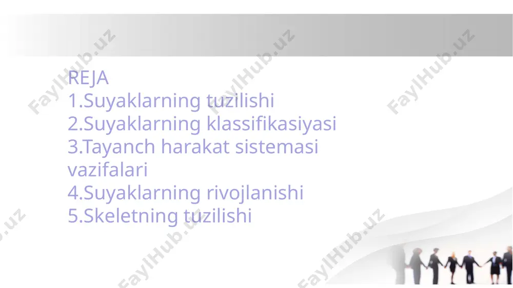 ylamlar • muskullar bilan ularning yordamchi apparatlari. • suyaklar suyak biriktiruvchi to‘qimadan tashkil topgan bo‘lib, alohida suyaklar nerv tolasi, qon tomirlari bilan ta’minlangan organ hisoblanadi. suyak to‘qimasi qattiq, birikturuvchi to‘qima bo‘lib, suyak hujayralari osteotsitlardan tashkil topgan. suyak hujayralarida ko‘p o‘simtalar bo‘lib, ular bir-biriga qo‘shilishidan alohida plastinkalar — govers plastinkalari hosil bo‘ladi. bu plastinkalar tartib bilan ustma-ust joylashishidan govers ustunchalari — minoralari hosil bo‘ladi, ularning ichi kovak bo‘lganligidan govers kanallari deb ataladi. bu kanallarda qon tomirlari va nerv tolalari joylashadi. har qanday suyakning ustki qismida suyak hujayralari zich joylashib, suyakning qattiq (kompakt) qavatini tashkil etadi. bu qavat tagidagi xujayralar siyrak joylashgan bo‘ladi. ular murakkab tuzilgan bo‘lib, suyakning pishiqligini oshiradi. bu qavat g‘ovak qavat deb ataladi. u uzun suyaklarning ikki uchida yaxshi ko‘rinadi. fovak qavatda qonning shaklli elementlari hosil bo‘lgani uchun u qon hosil qiluvchi organ—qizil ilik deb ataladi. yassi suyaklarning ba’zi qismlarida, masalan, kurak suyagida bu qavat bo‘lmaydi. • suyakning ximiyaviy …