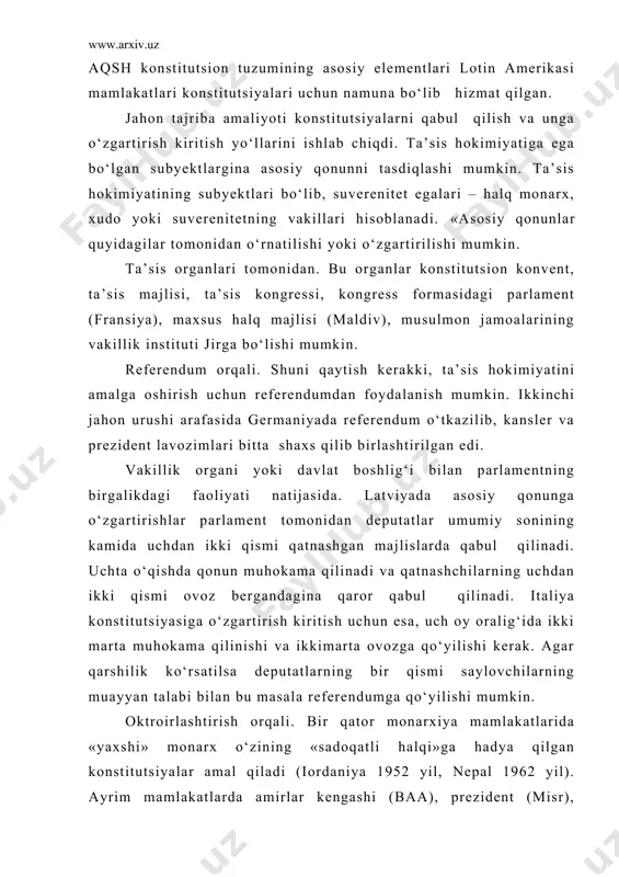 tsiyalar amal qiladi (iordaniya 1952 yil, nepal 1962 yil). ayrim mamlakatlarda amirlar kengashi (baa), prezident (misr), harbiy kengash (iroq) tomonidan vaqtinchalik konstitutsiyalar in’om qilingan. ulkan imperiyalar barpo qilgan davlatlar tomonidan o‘z koloniyalariga hadya qilingan konstitutsiyalar ham oktroirlangan konstitutsiyalar qatoriga kiradi» . konstitutsiyalarga o‘zgartirish kiritish tartibi ham o‘ziga xos. konstitutsiya normalariga o‘zgartirish kiritish uchun maxsus ta’sis yig‘ilishi talab qilinmaydi. biroq ba’zi mamlakatlarda bu parlament yoki referendum qaroriga bog‘liq bo‘ladi. masalan bolgariya. normalarga o‘zgartirish kiritildi deb hisoblash uchun qoida tariqasida belgilangan ko‘pchilik ovoz olingan bo‘lishi kerak. avstriya va niderlandiyada ovoz beruvchilarning uchdan ikki qismidan ko‘prog‘i shu tariqa o‘zgartirish kiritiladi. konstitutsiya deb - davlat xayotining asosiy tayanch tomonlarini qayd etuvchi yagona asosiy normativ huquqiy aktga aytiladi. konstitutsiyani ikkiga bo‘lish mumkin: yuridik konstitutsiya - rasman qabul qilingan amaldagi konstitutsiya. faktik konstitutsiya - siyosiy tuzum asoslarini ko‘rsatuvchi haqiqiy tartibot. bunday tartibot konstitutsiyaga mos kelishi, mos kelmasligi ham mumkin. konstitutsiyalar yuqorida ta’kidlaganimizdek, ko‘p asrlik tarixga ega …