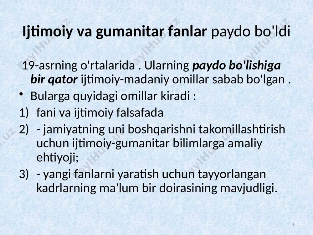 g boshlarida ijtimoiy va gumanitar fanlar rivojlanishda davom etmoqda 13 ijtimoiy-gumanitar bilimlarning xususiyatlari va farqlari tabiiy ijtimoiy va gumanitar fanlar esa barcha xususiyatlarga ega fan maxsus hodisa sifatida (yangi narsalarni bilish, empirik va nazariy darajalarning mavjudligi, tushunchalarda rasmiylashtirish va boshqalar). shu bilan birga, ijtimoiy va gumanitar fanlar bir-biridan farq qiladi tabiiy, matematika va texnika fanlari quyidagi asoslarda: 14 ijtimoiy va gumanitar fanlar bir-biridan farq qiladi tabiiy, matematika va texnika fanlari 15 ijtimoiy va gumanitar fanlar o'rtasidagi farqlar : 1) tadqiqot ob'ektiga ko'ra - tabiiy fanlar tabiiy haqiqatni o'rganadi, ya'ni. "narsalar olami" sifatida ob'ektiv mavjud bo'lgan narsa; ijtimoiy va gumanitar fanlar ijtimoiy voqelikni, ya'ni ob'ektiv-sub'ektiv voqelik sifatida mavjud bo'lgan narsalarni "odamlar dunyosi" sifatida o'rganadi; 16 2). funksional asosda - tabiiy fanlar tabiat hodisalarining sabablarini tushuntirishga intiladi, ijtimoiy va gumanitar fanlar ijtimoiy hodisalarning ma'nosini tushunishni ta'minlaydi. tabiiy fanlar o'rganishga intiladi tadqiqot predmetining miqdoriy va sifat xususiyatlari, ijtimoiy-gumanitar fanlar - birinchi navbatda, sifat …
