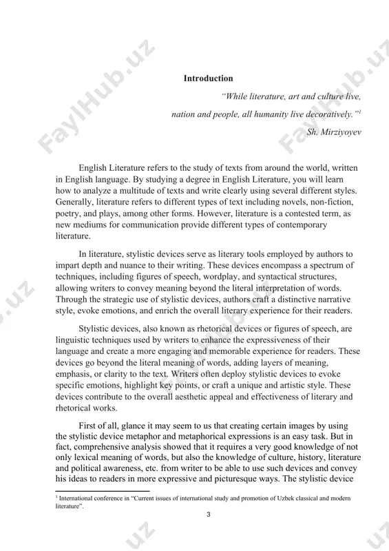 memorable experience for readers. these devices go beyond the literal meaning of words, adding layers of meaning, emphasis, or clarity to the text. writers often deploy stylistic devices to evoke specific emotions, highlight key points, or craft a unique and artistic style. these devices contribute to the overall aesthetic appeal and effectiveness of literary and rhetorical works. first of all, glance it may seem to us that creating certain images by using the stylistic device metaphor and metaphorical expressions is an easy task. but in fact, comprehensive analysis showed that it requires a very good knowledge of not only lexical meaning of words, but also the knowledge of culture, history, literature and political awareness, etc. from writer to be able to use such devices and convey his ideas to readers in more expressive and picturesque ways. the stylistic device based on the principle of identification of two objects is called …